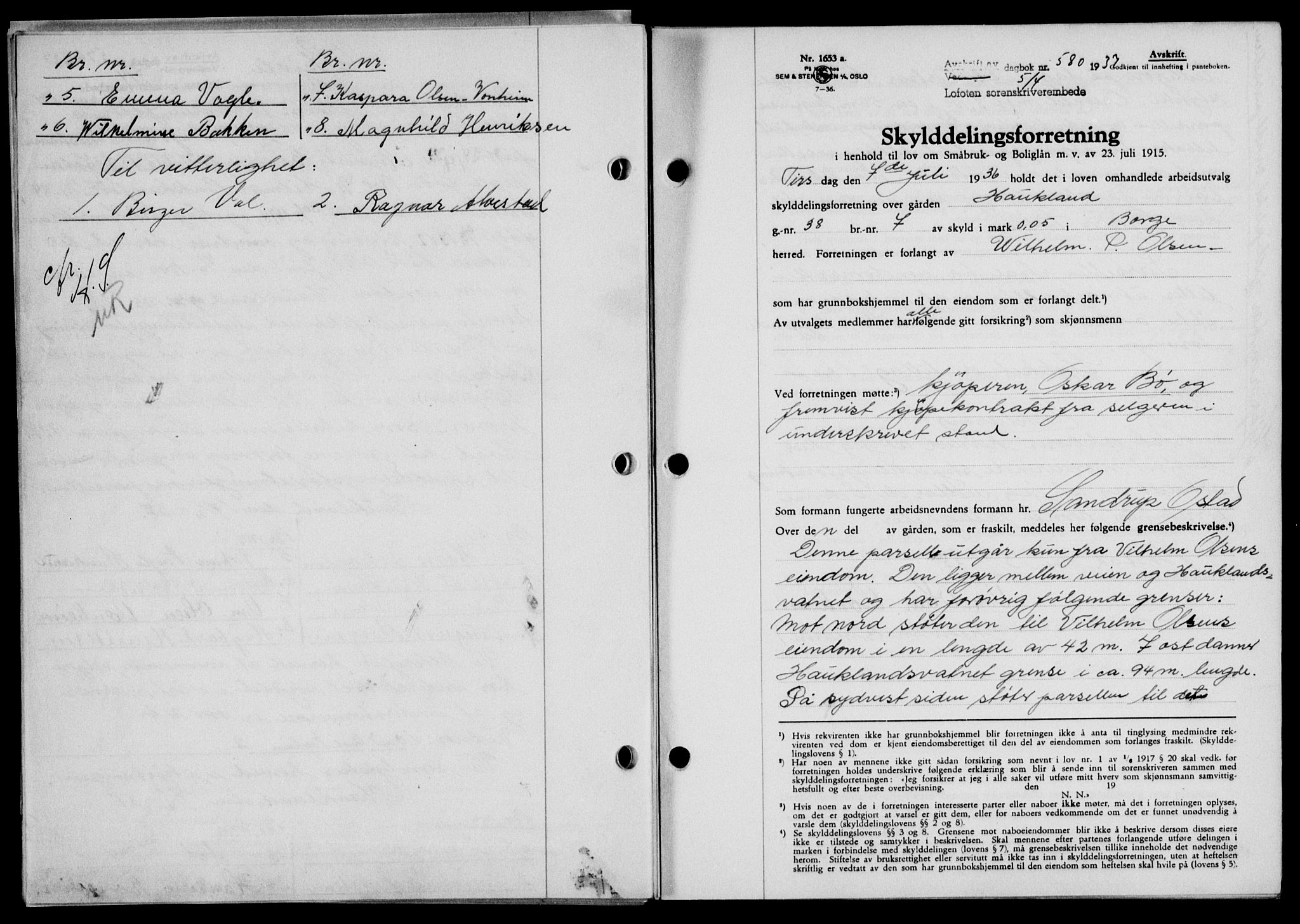 Lofoten sorenskriveri, SAT/A-0017/1/2/2C/L0002a: Mortgage book no. 2a, 1937-1937, Diary no: : 580/1937
