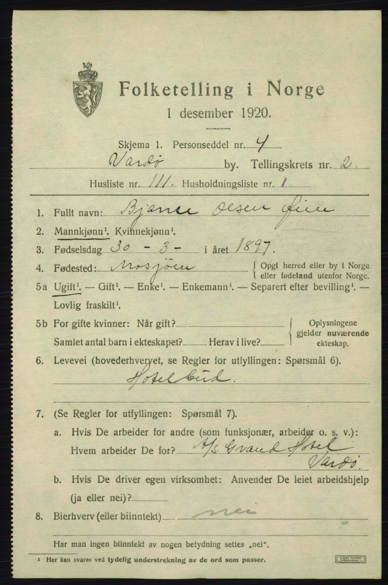 SATØ, 1920 census for Vardø, 1920, p. 7574