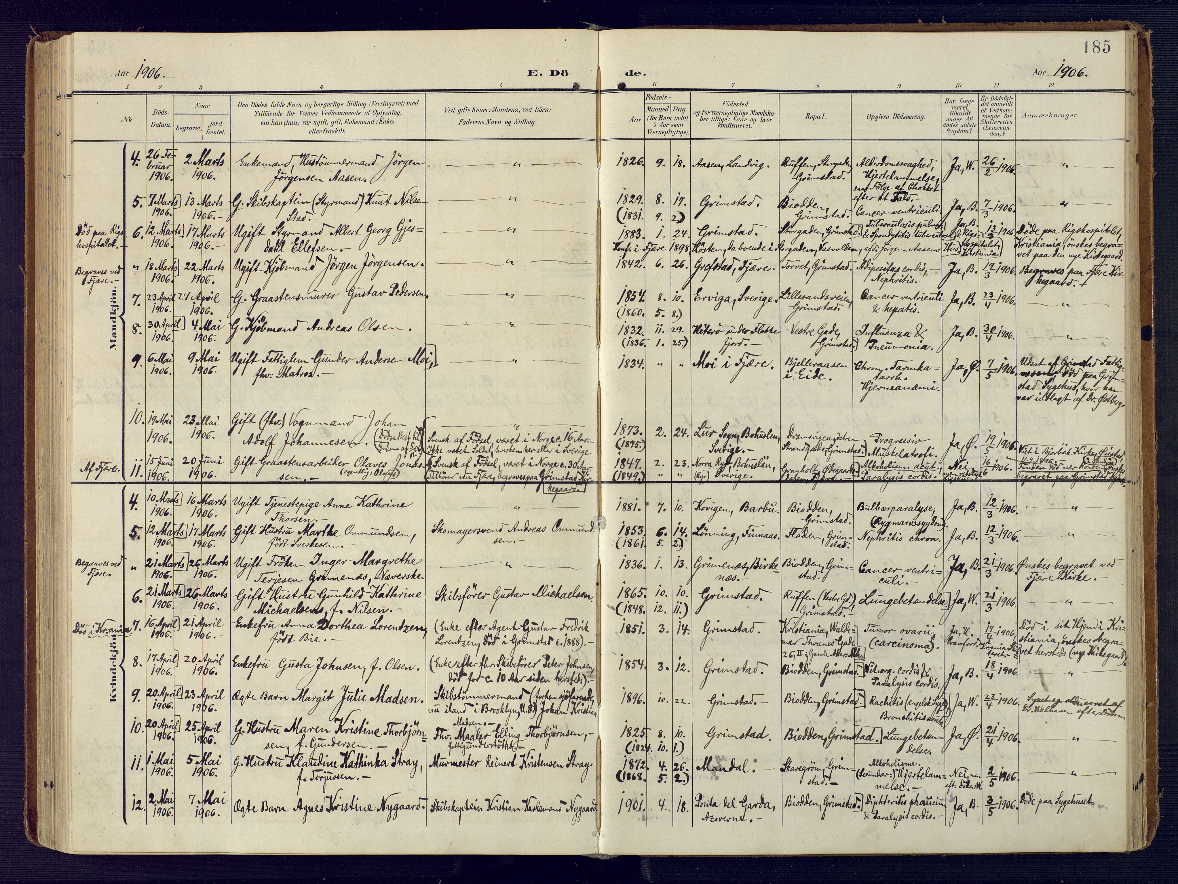 Grimstad sokneprestkontor, SAK/1111-0017/F/Fa/L0005: Parish register (official) no. A 4, 1911-1924, p. 185