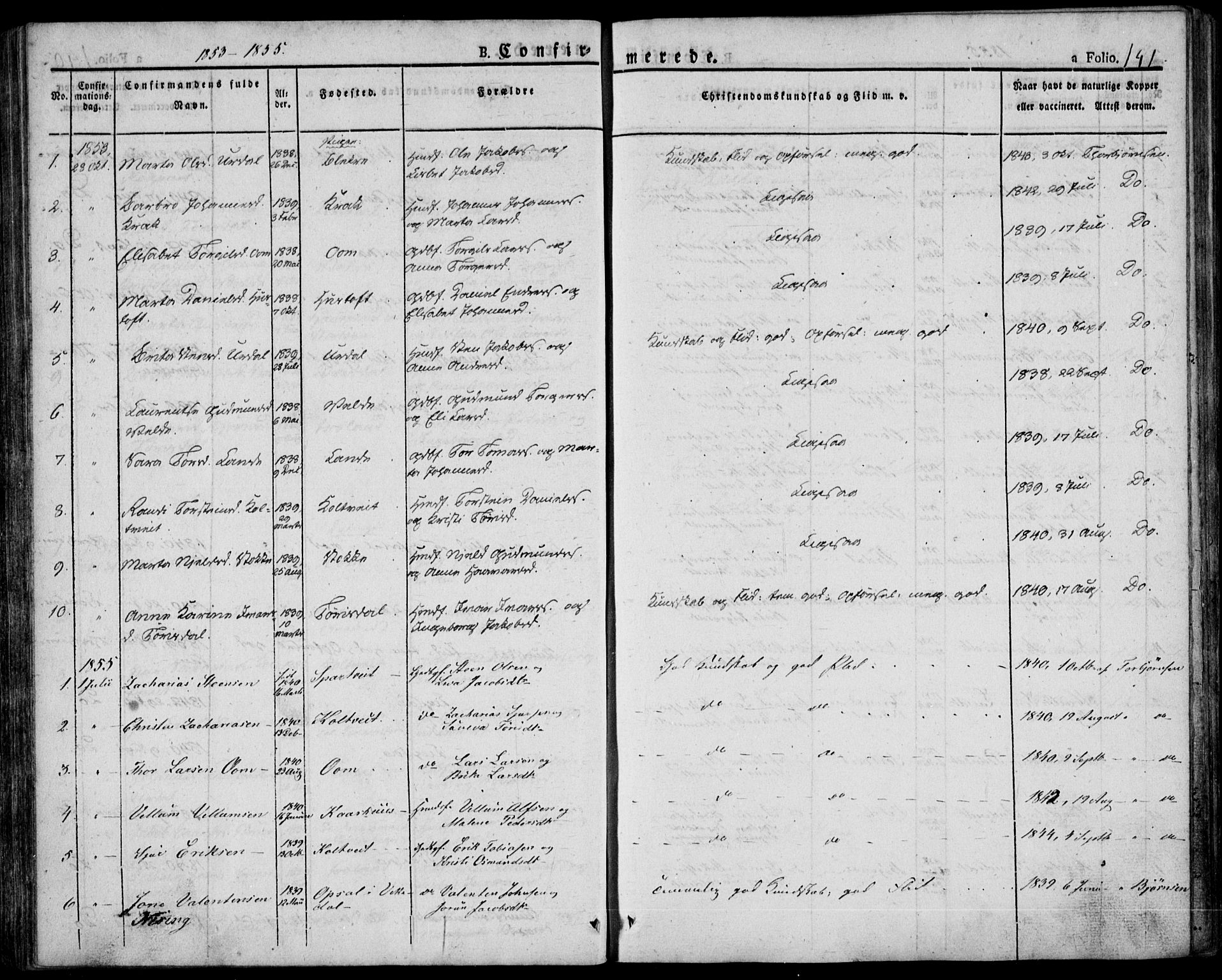 Skjold sokneprestkontor, AV/SAST-A-101847/H/Ha/Haa/L0005: Parish register (official) no. A 5, 1830-1856, p. 141