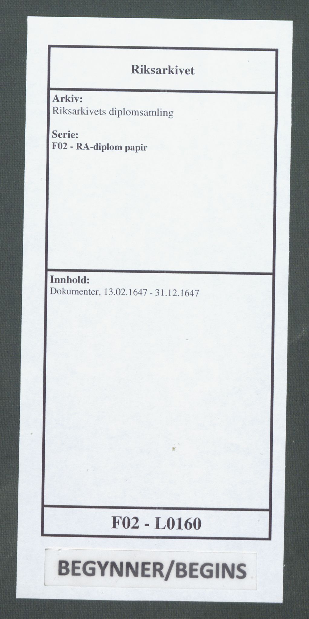 Riksarkivets diplomsamling, AV/RA-EA-5965/F02/L0160: Dokumenter, 1647, p. 1