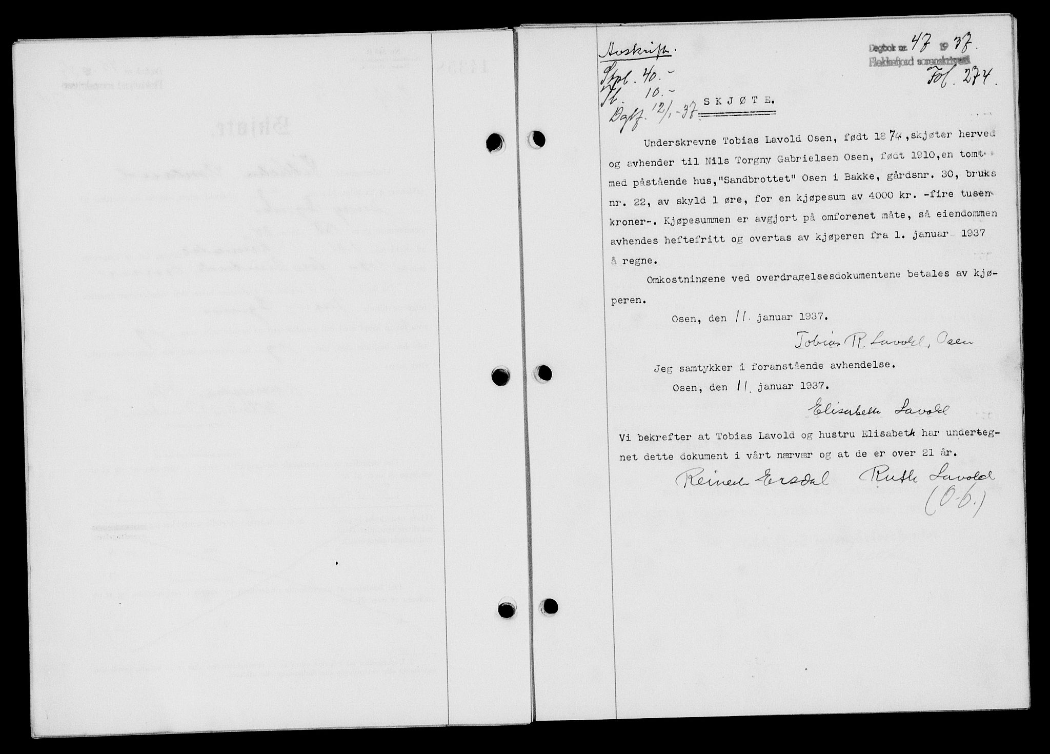 Flekkefjord sorenskriveri, SAK/1221-0001/G/Gb/Gba/L0053: Mortgage book no. A-1, 1936-1937, Diary no: : 47/1937