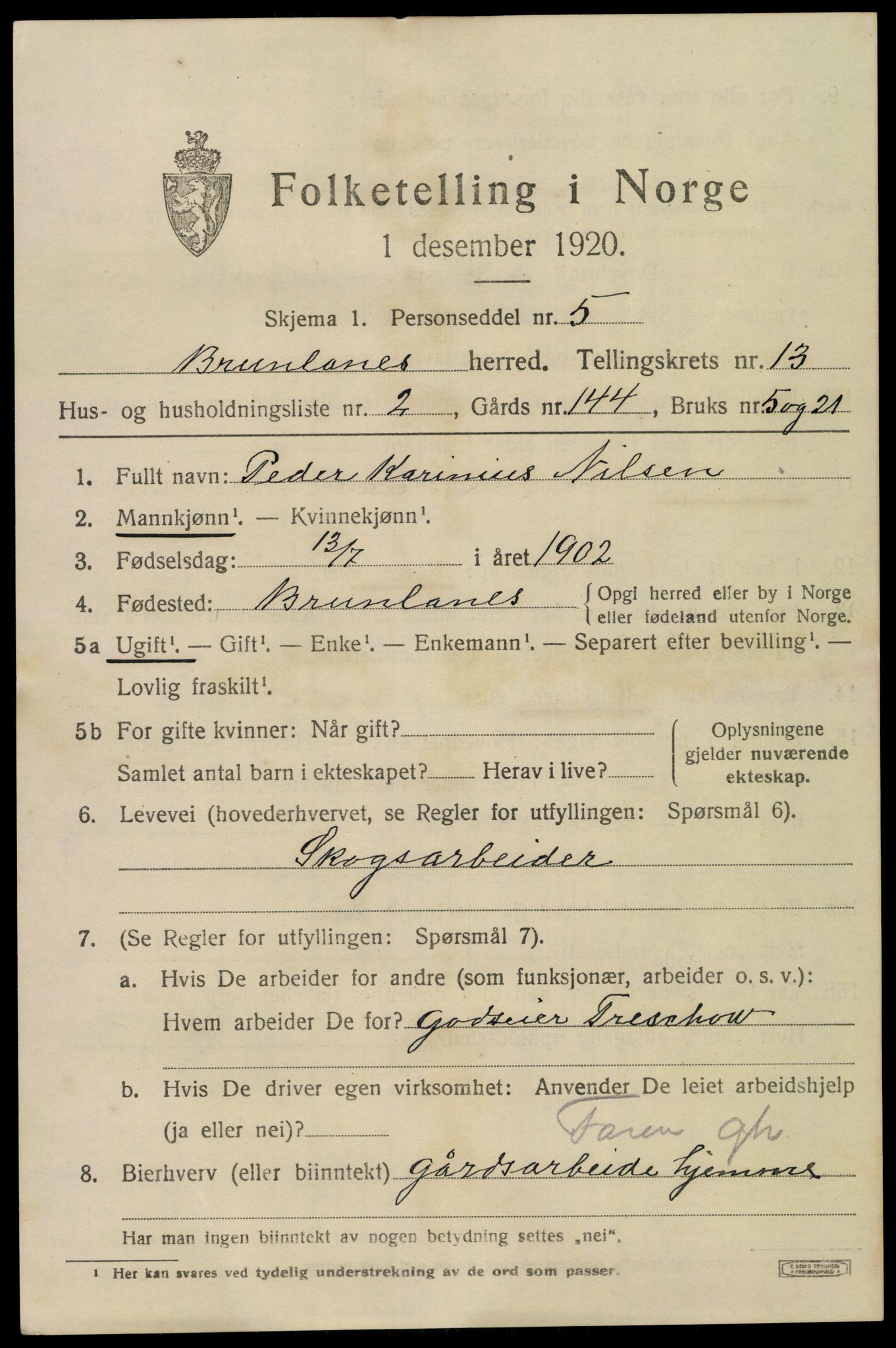 SAKO, 1920 census for Brunlanes, 1920, p. 10807