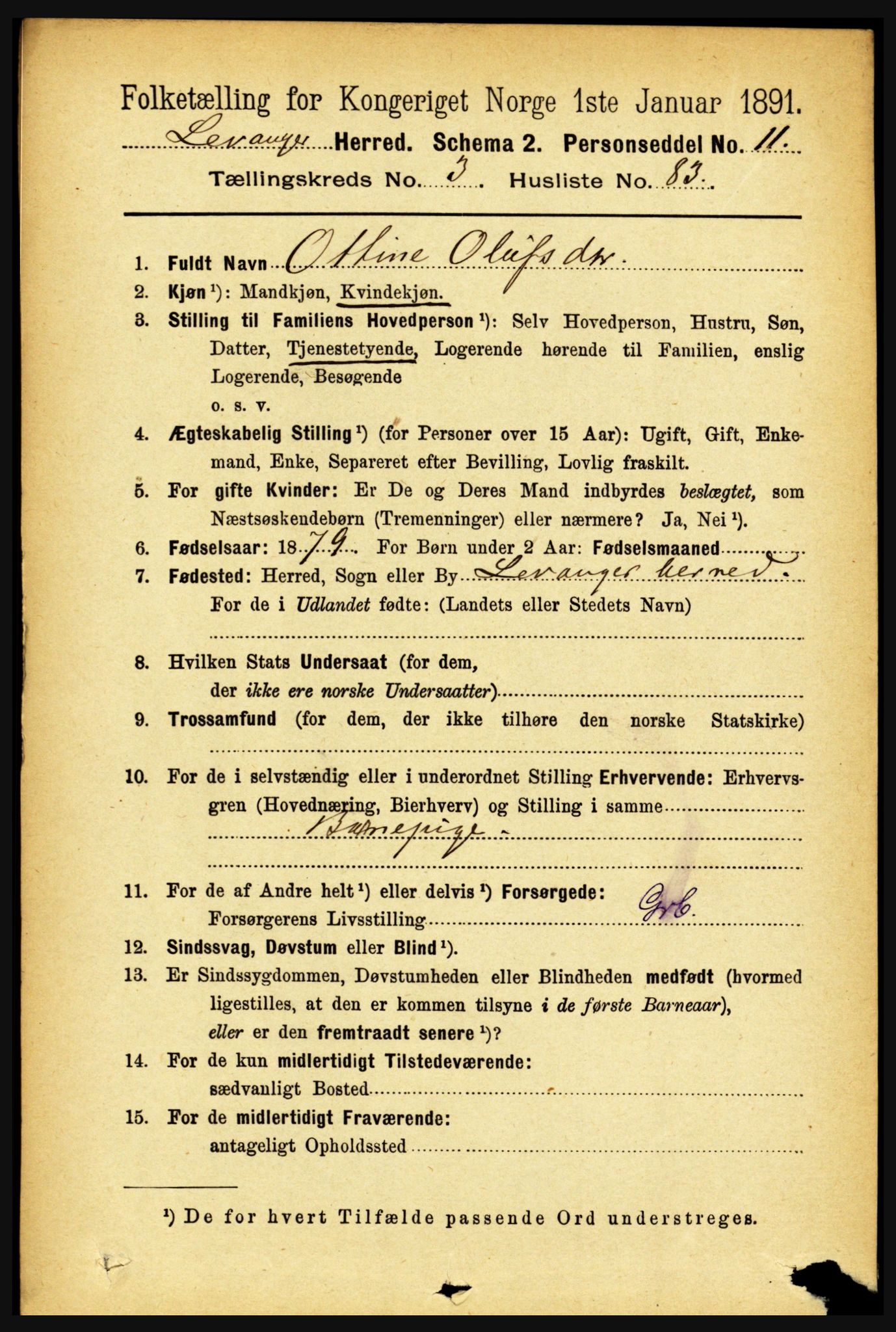 RA, 1891 census for 1720 Levanger, 1891, p. 2079