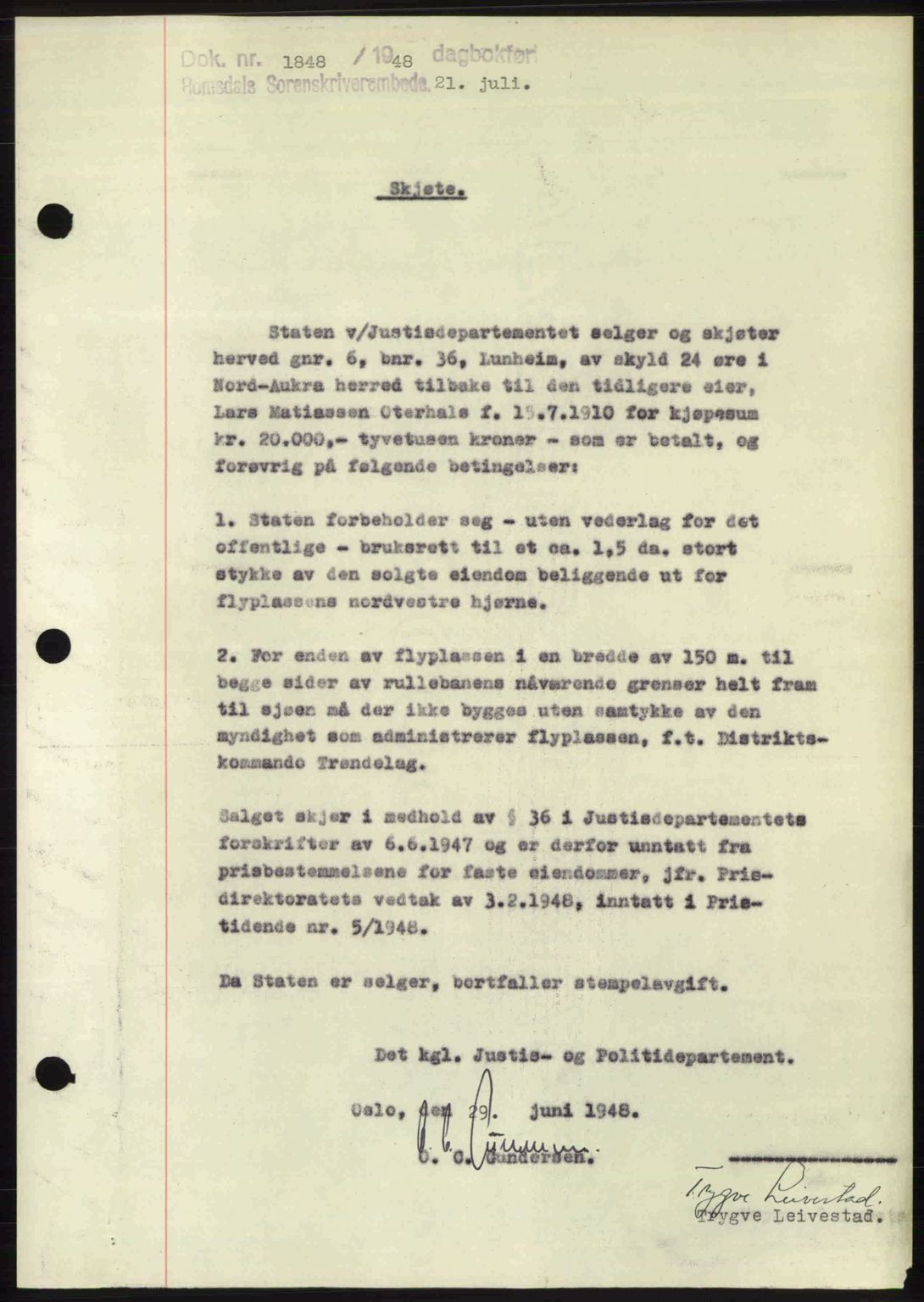 Romsdal sorenskriveri, AV/SAT-A-4149/1/2/2C: Mortgage book no. A26, 1948-1948, Diary no: : 1848/1948