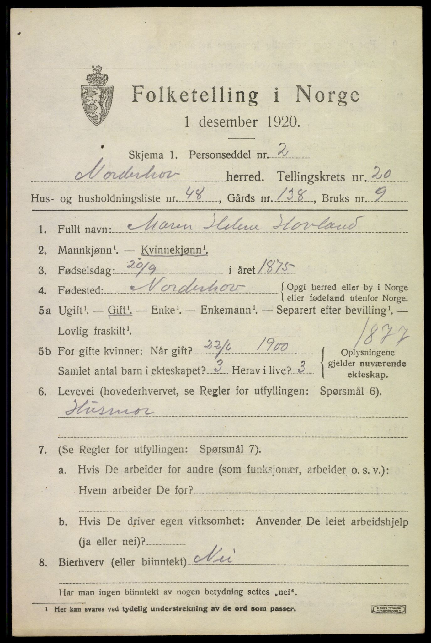 SAKO, 1920 census for Norderhov, 1920, p. 21896