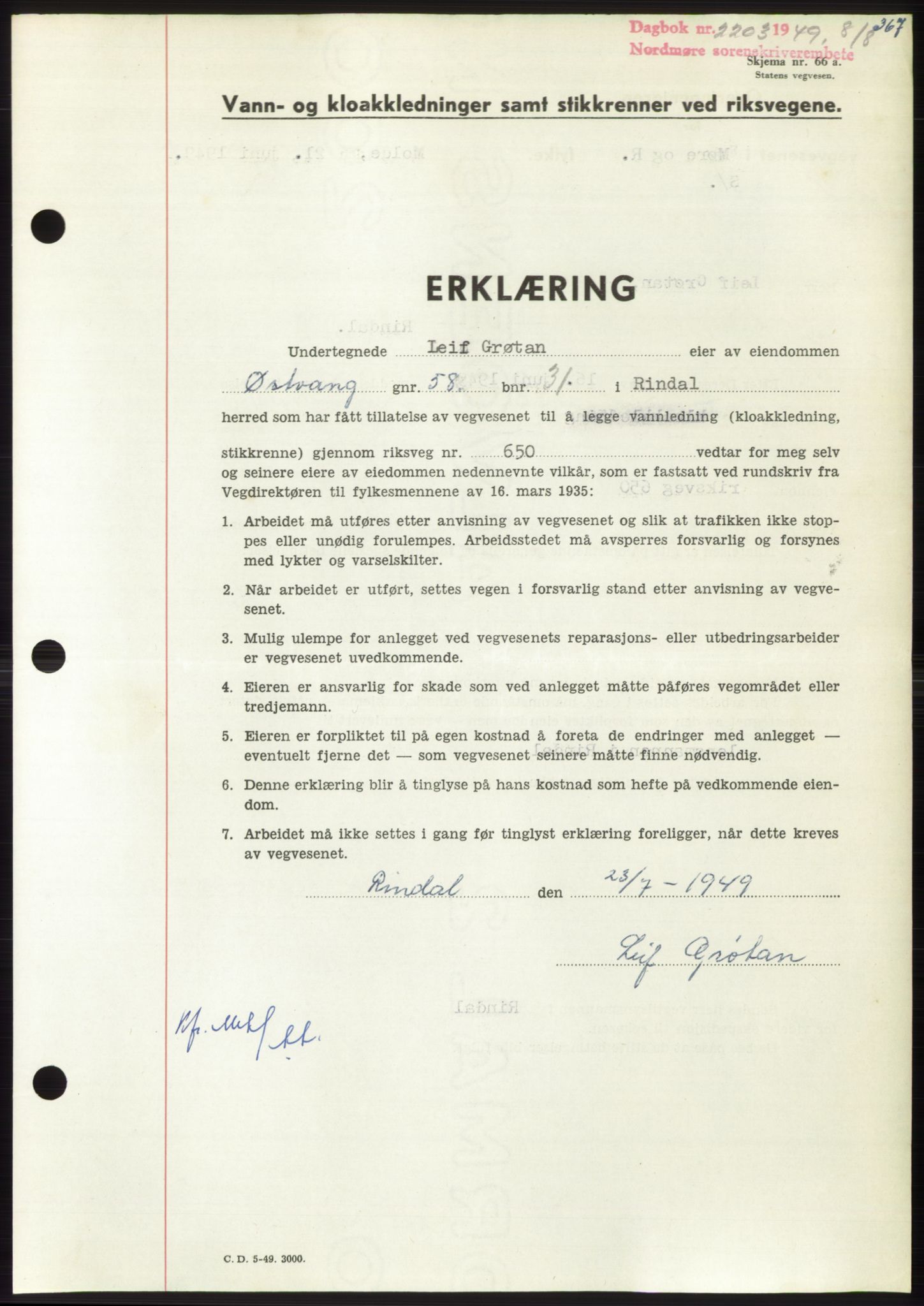 Nordmøre sorenskriveri, AV/SAT-A-4132/1/2/2Ca: Mortgage book no. B102, 1949-1949, Diary no: : 2203/1949