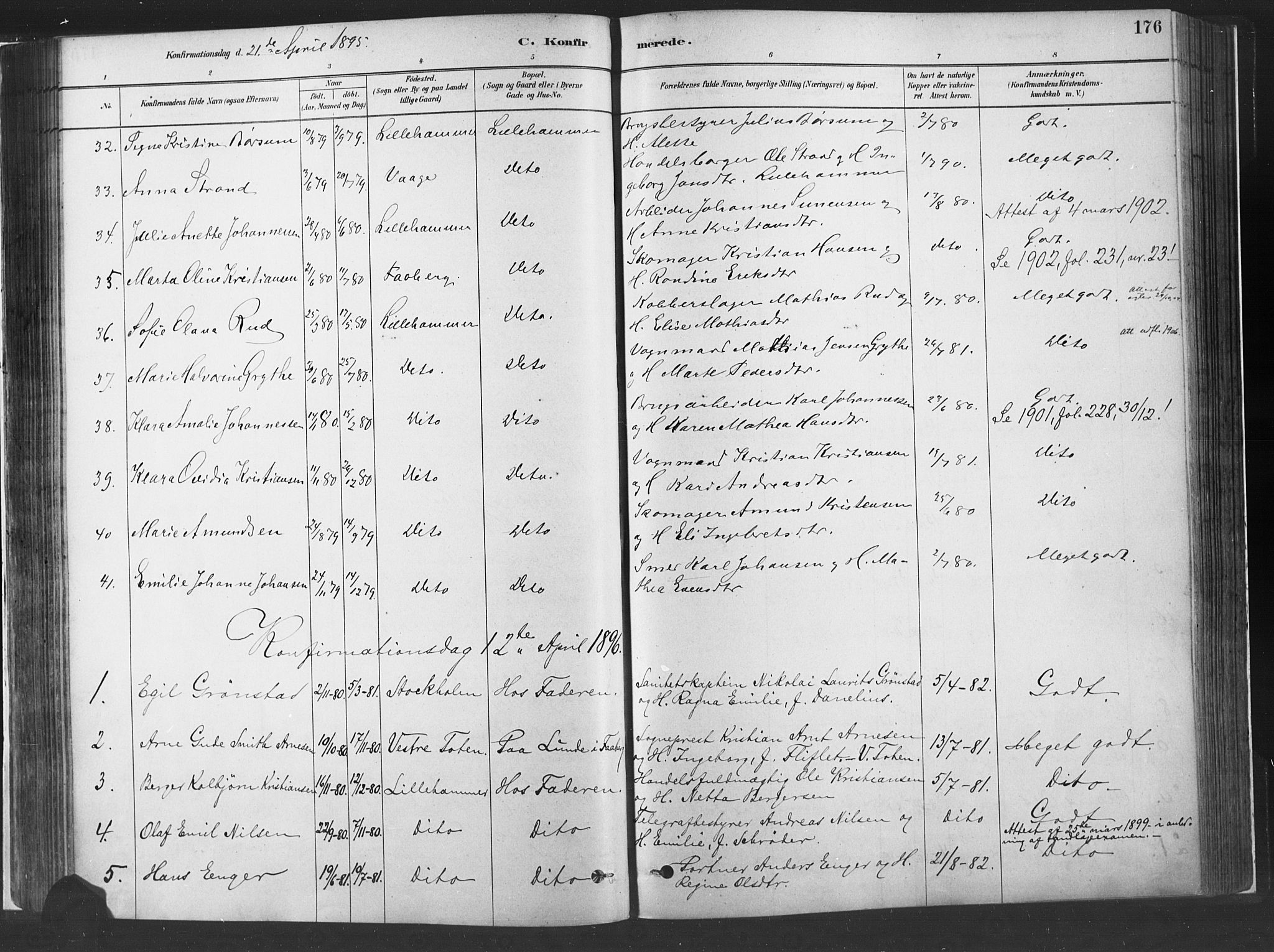 Fåberg prestekontor, SAH/PREST-086/H/Ha/Haa/L0010: Parish register (official) no. 10, 1879-1900, p. 176