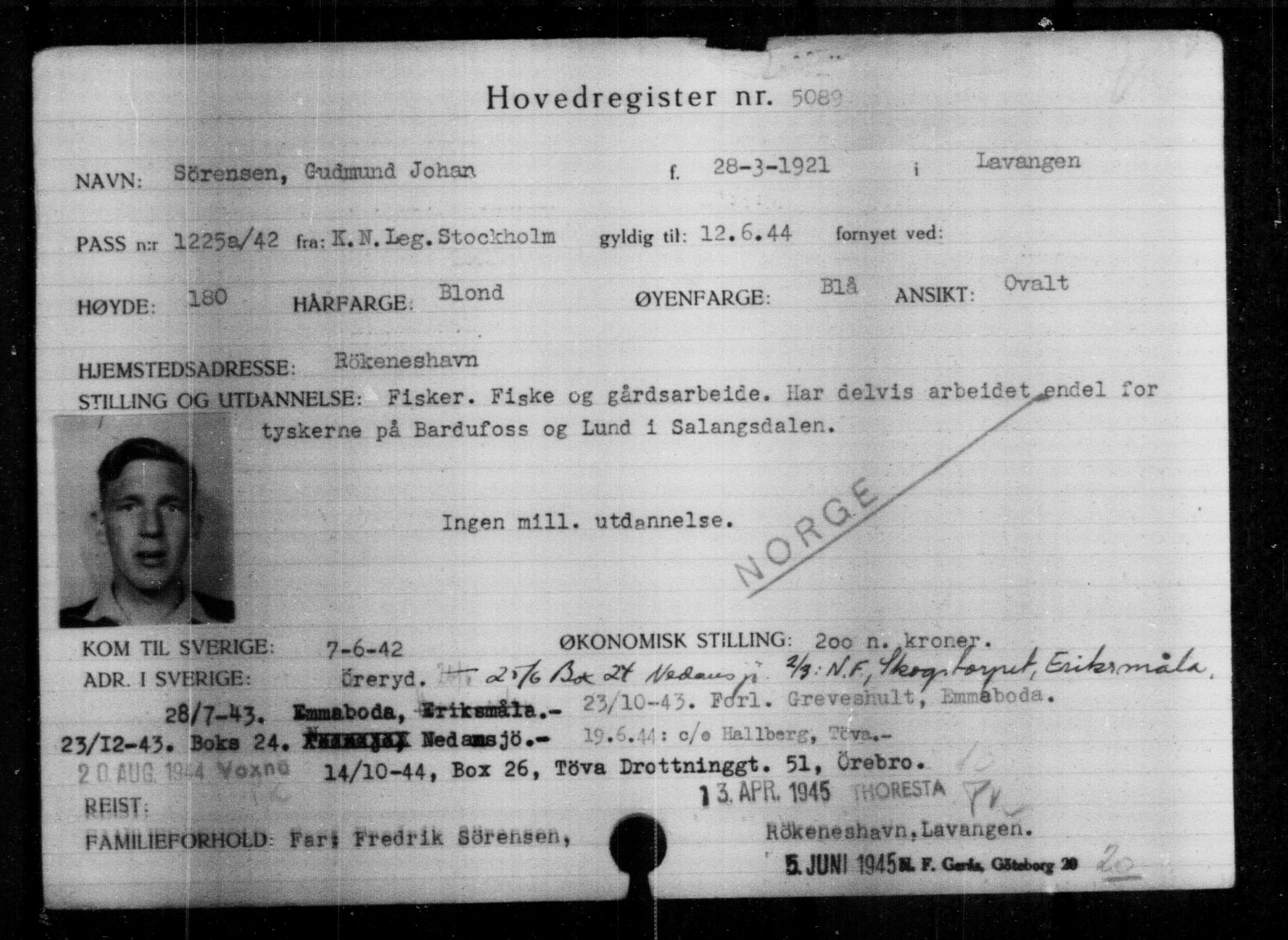Utenriksstasjonene, Legasjonen i Stockholm, Flyktningkontoret, AV/RA-S-6753/V/Va/L0004: Kjesäterkartoteket, flyktninger med registreringsnr. 3496-6610, 1940-1945, p. 1882
