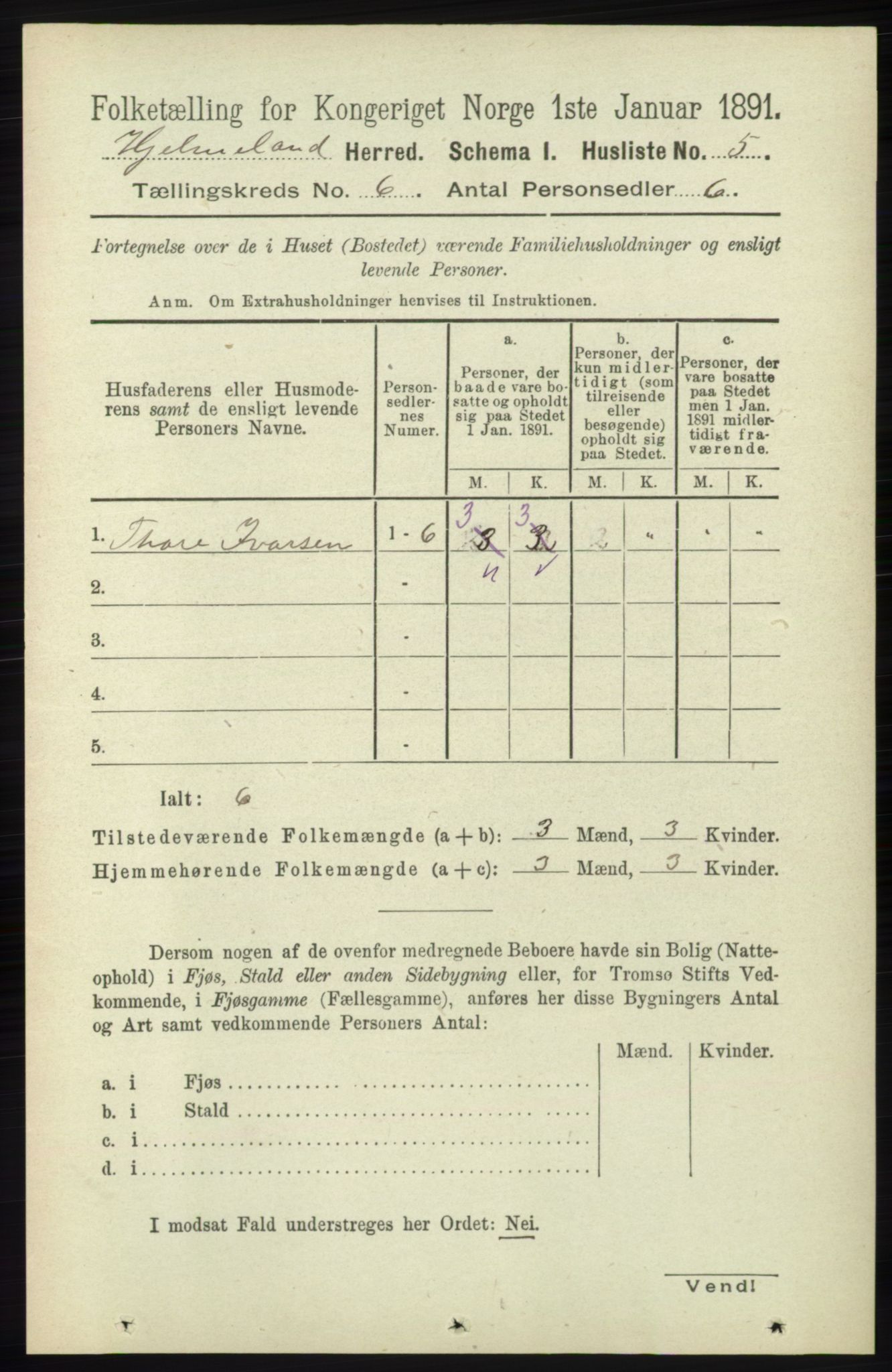 RA, 1891 census for 1133 Hjelmeland, 1891, p. 1501