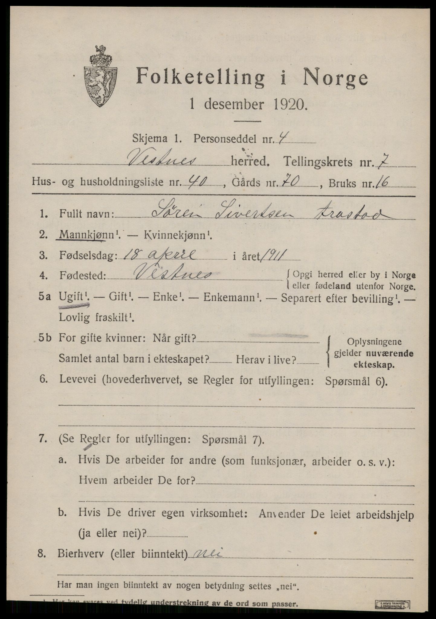 SAT, 1920 census for Vestnes, 1920, p. 5567