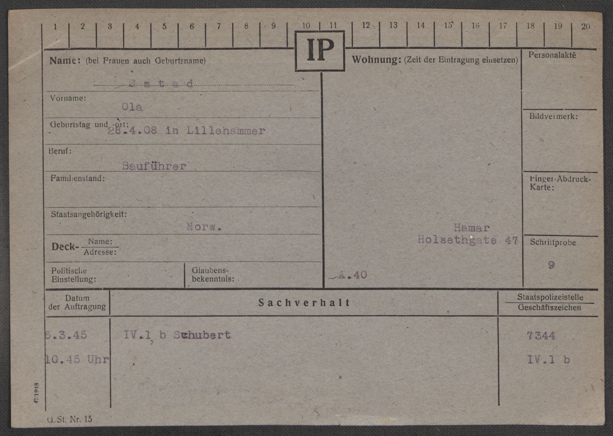 Befehlshaber der Sicherheitspolizei und des SD, RA/RAFA-5969/E/Ea/Eaa/L0010: Register over norske fanger i Møllergata 19: Sø-Å, 1940-1945, p. 1272