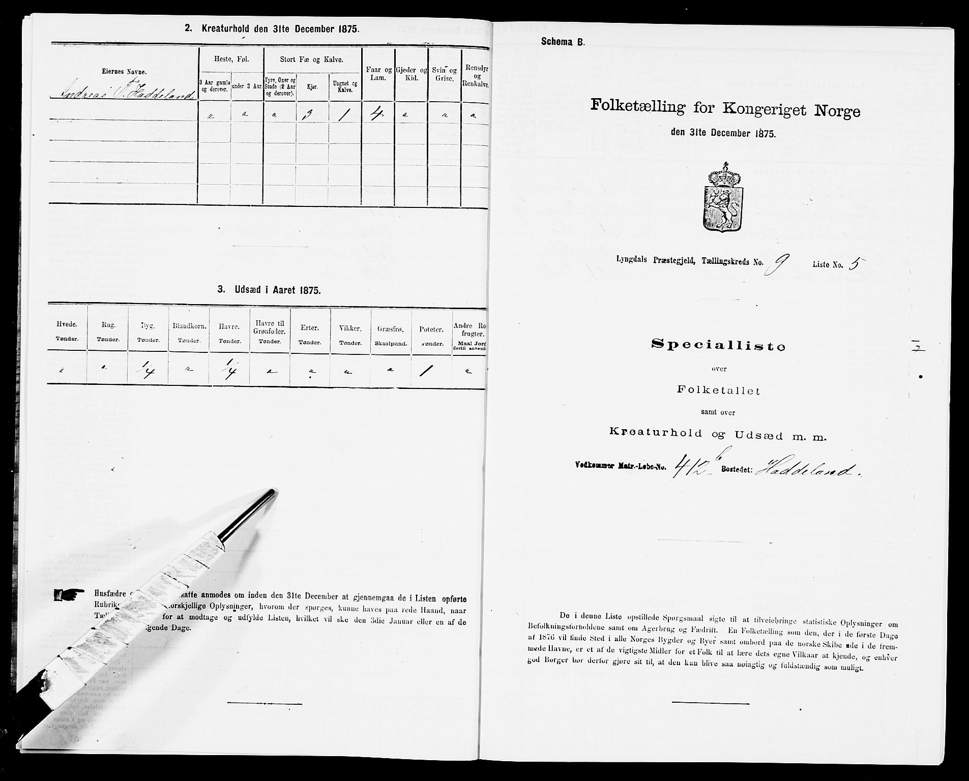 SAK, 1875 census for 1032P Lyngdal, 1875, p. 1366