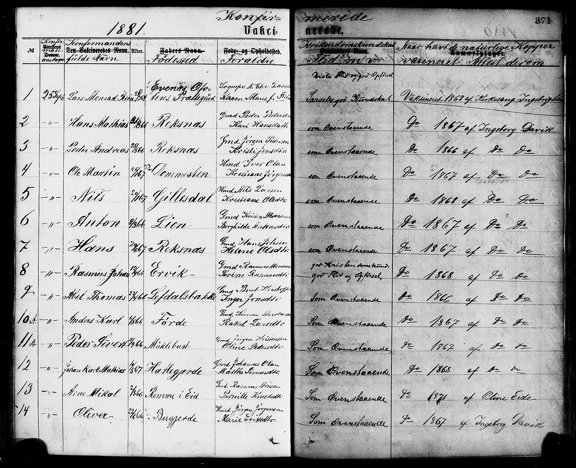 Davik sokneprestembete, AV/SAB-A-79701/H/Haa/Haaa/L0006: Parish register (official) no. A 6, 1867-1881, p. 371
