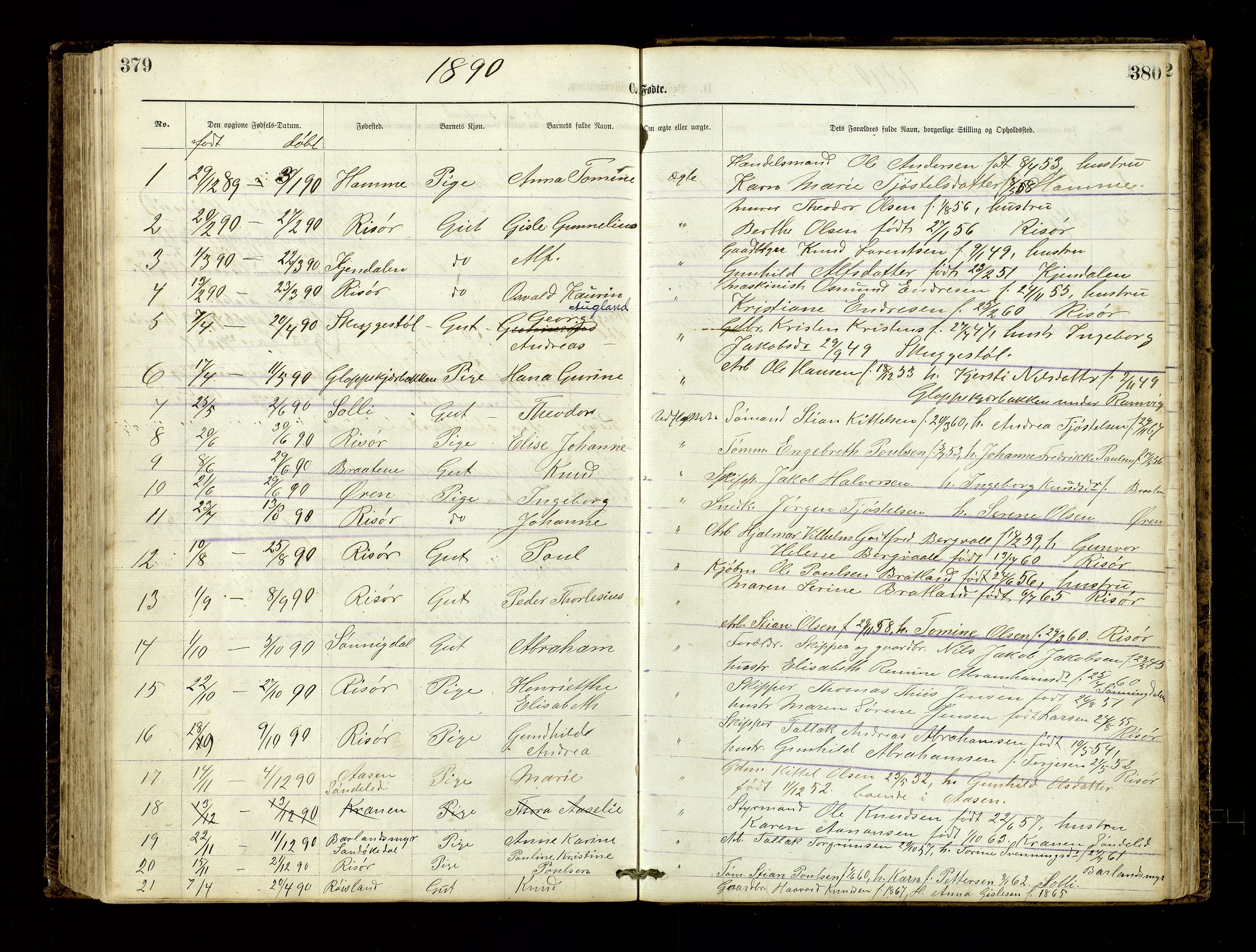 Den evangelisk-lutherske frimenighet, Risør, AV/SAK-1292-0007/F/Fa/L0001: Dissenter register no. F 17, 1877-1892, p. 379-380