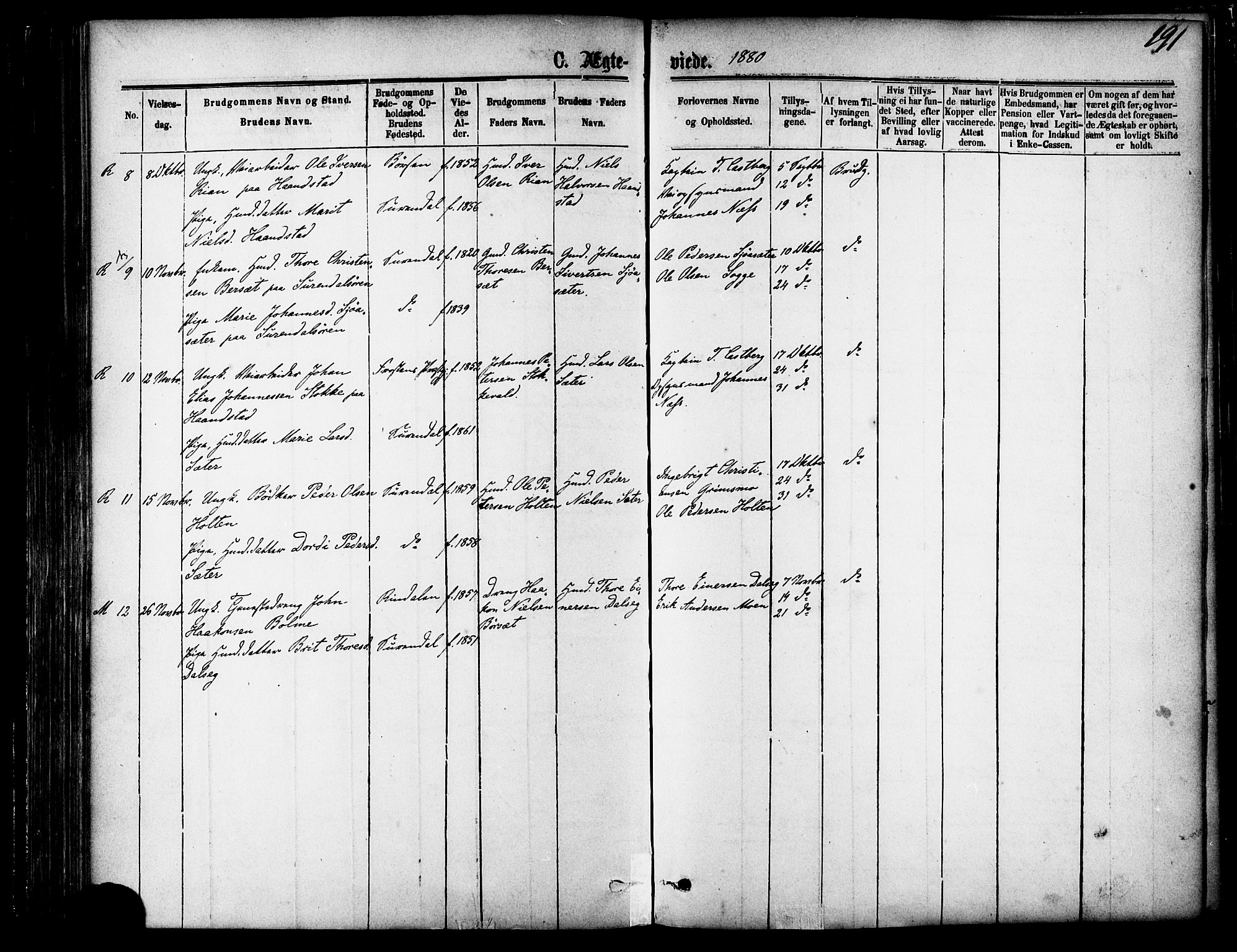 Ministerialprotokoller, klokkerbøker og fødselsregistre - Møre og Romsdal, SAT/A-1454/595/L1046: Parish register (official) no. 595A08, 1874-1884, p. 191
