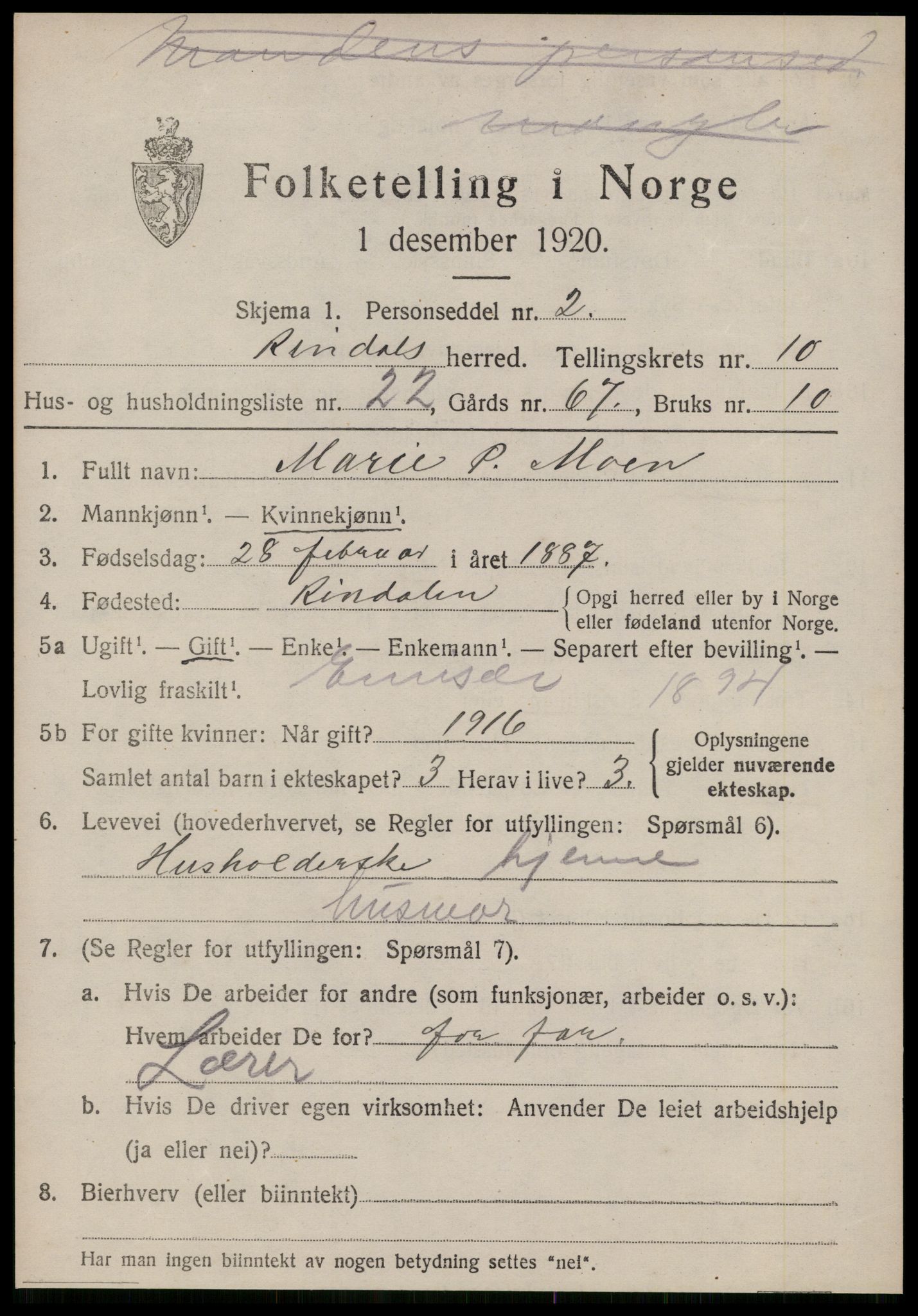 SAT, 1920 census for Rindal, 1920, p. 5404