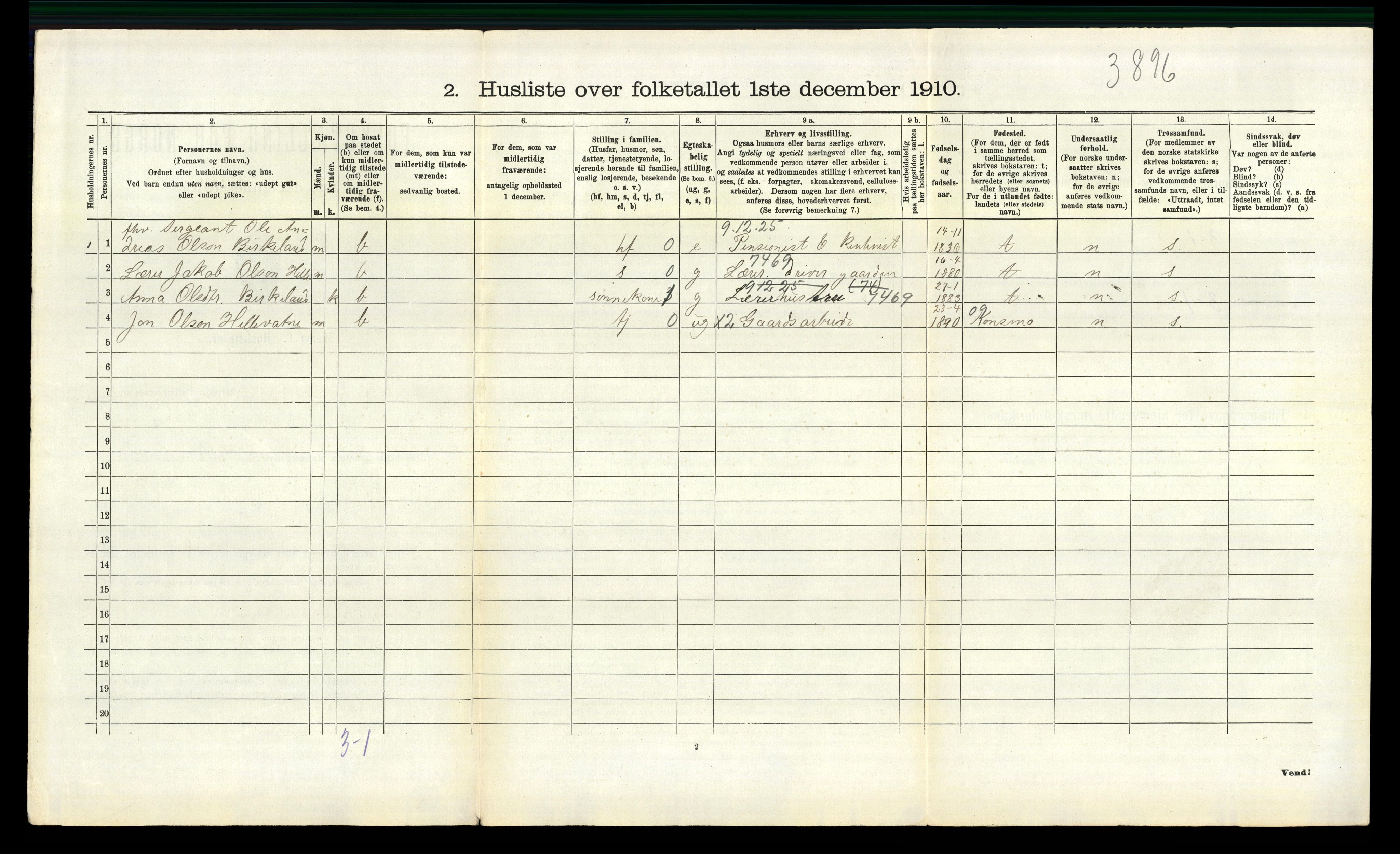 RA, 1910 census for Hægebostad, 1910, p. 224