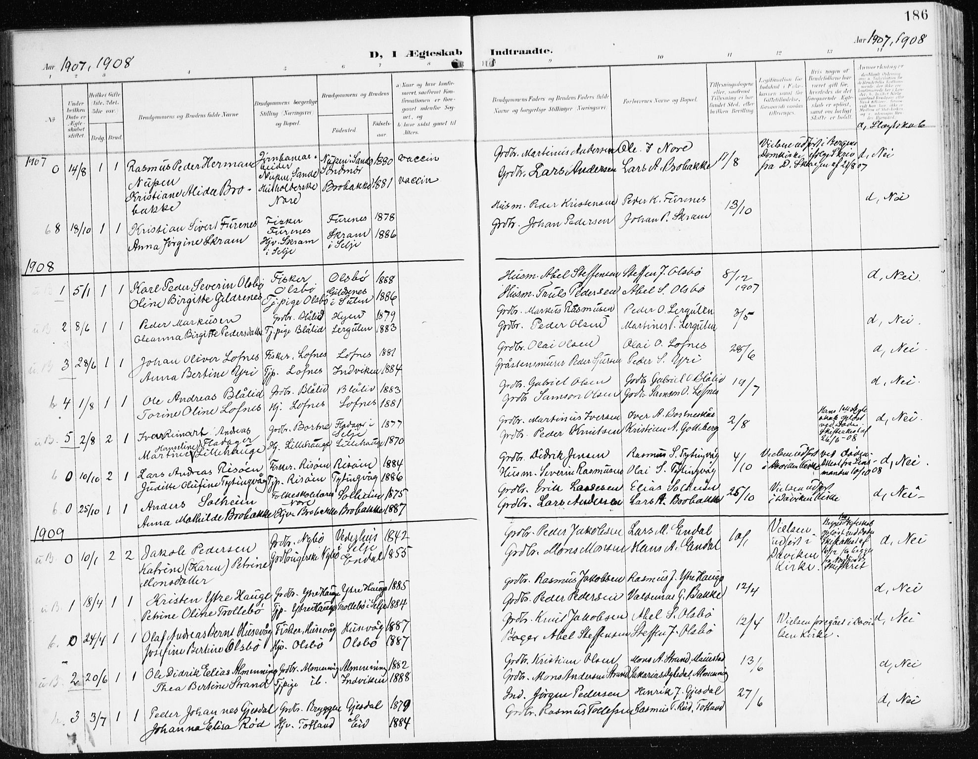 Davik sokneprestembete, AV/SAB-A-79701/H/Haa/Haad/L0002: Parish register (official) no. D 2, 1901-1930, p. 186