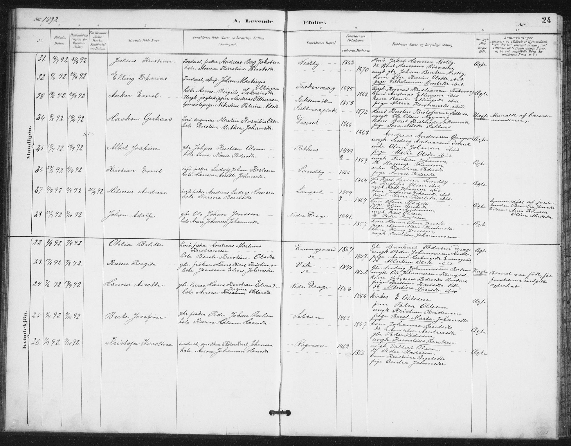 Ministerialprotokoller, klokkerbøker og fødselsregistre - Nordland, AV/SAT-A-1459/847/L0682: Parish register (copy) no. 847C10, 1889-1907, p. 24