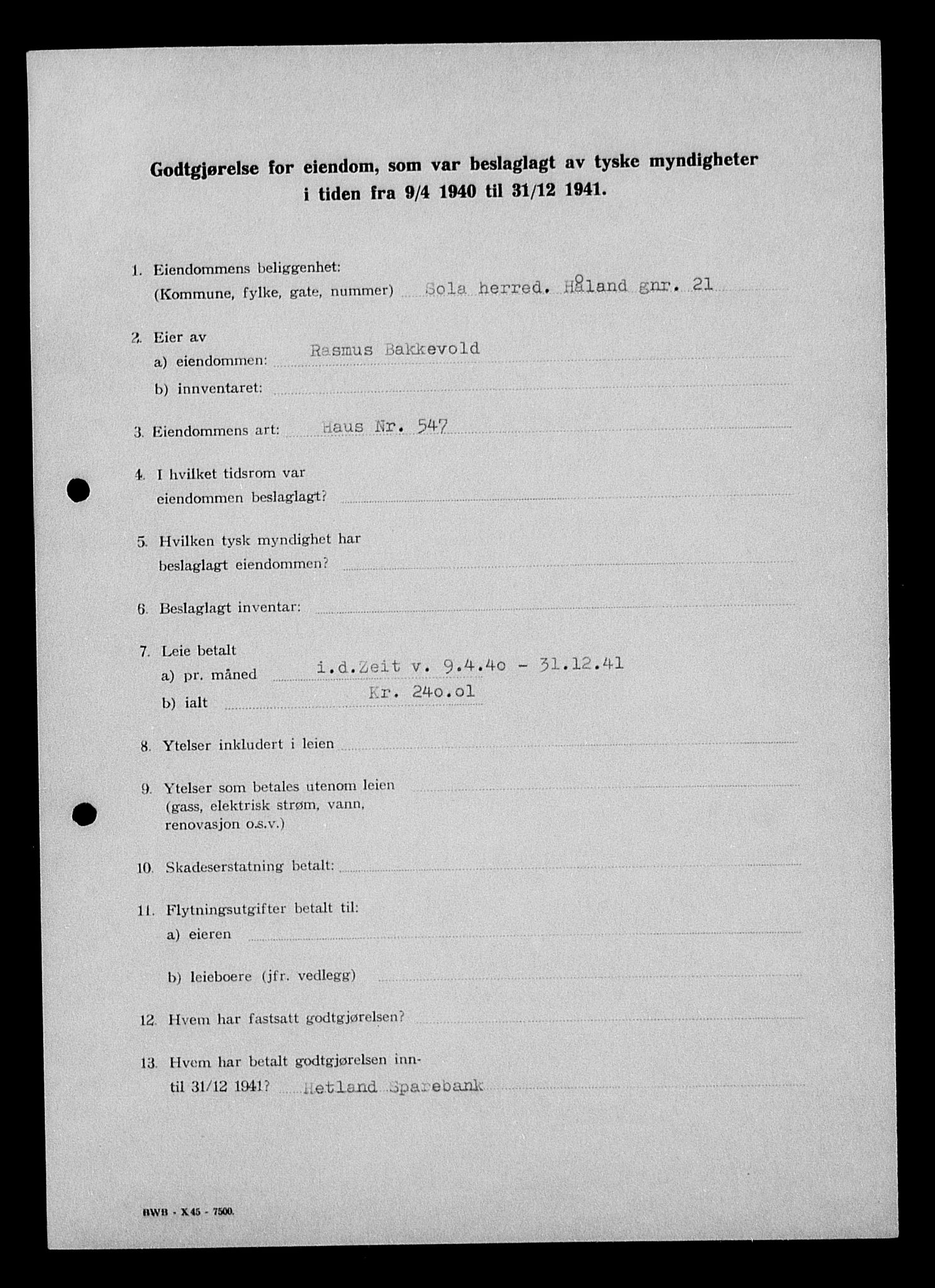 Justisdepartementet, Tilbakeføringskontoret for inndratte formuer, AV/RA-S-1564/I/L1014: Godtgjørelse for beslaglagt eiendom, 1940-1941, p. 175