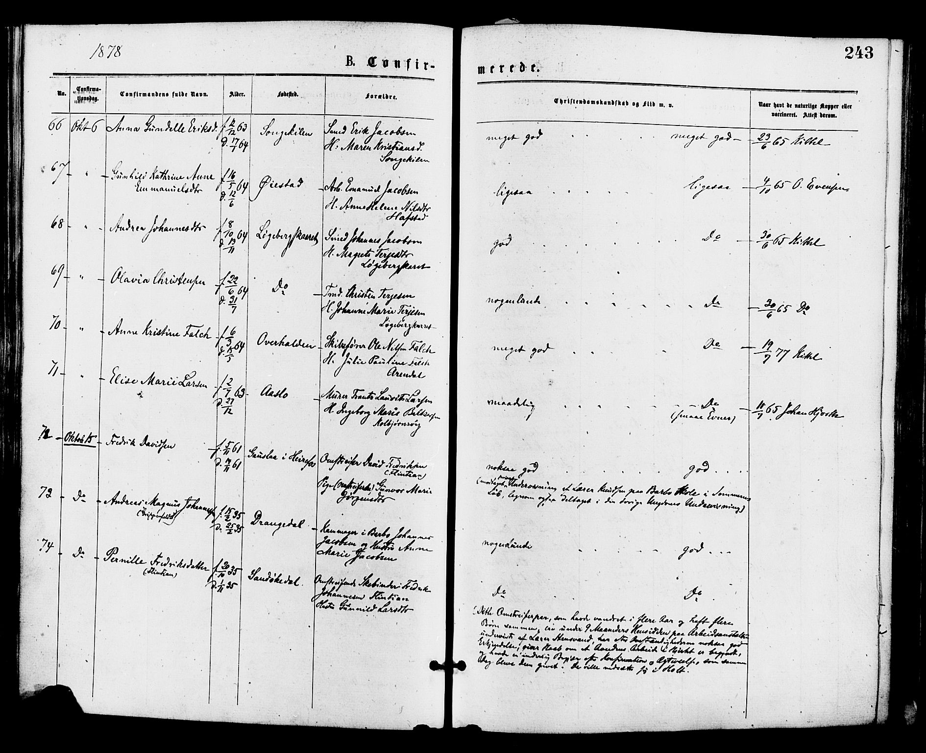 Barbu sokneprestkontor, AV/SAK-1111-0003/F/Fa/L0001: Parish register (official) no. A 1 /1, 1878-1883, p. 243