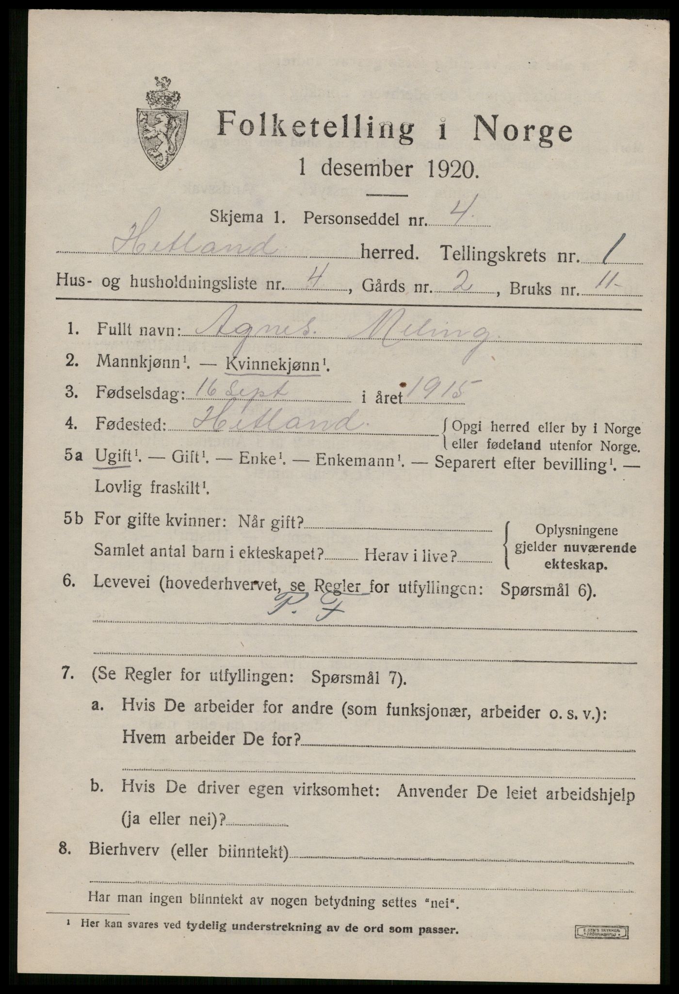 SAST, 1920 census for Hetland, 1920, p. 3605