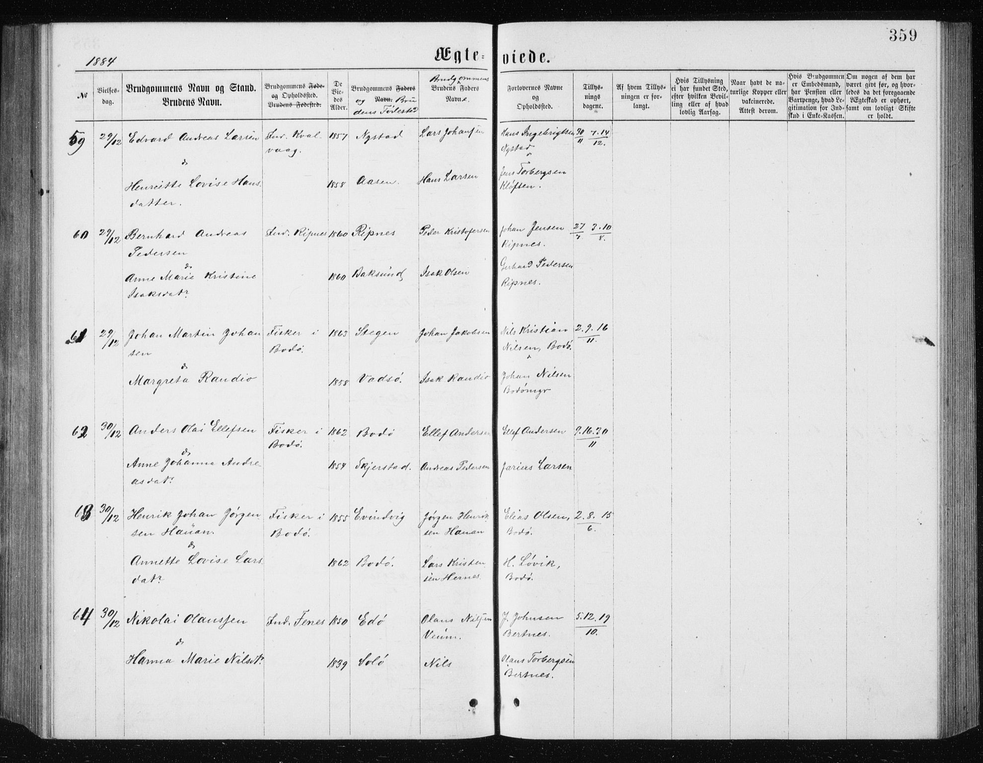 Ministerialprotokoller, klokkerbøker og fødselsregistre - Nordland, AV/SAT-A-1459/801/L0031: Parish register (copy) no. 801C06, 1883-1887, p. 359