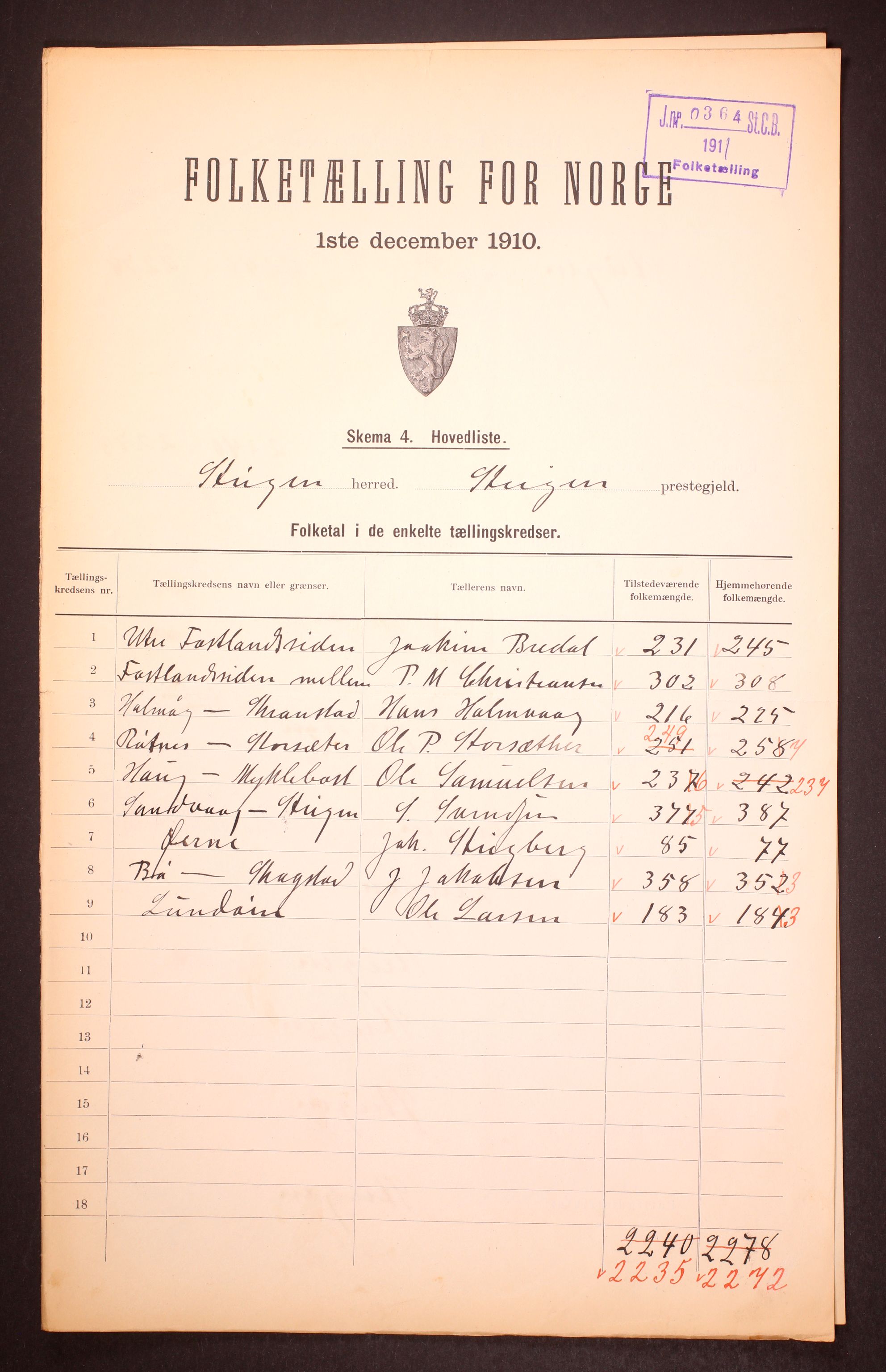RA, 1910 census for Steigen, 1910, p. 2