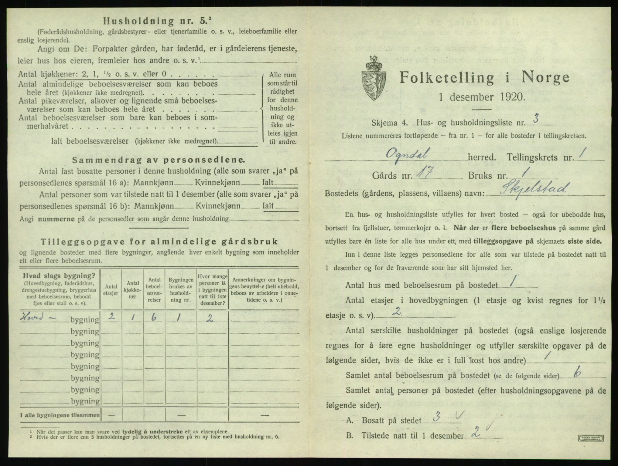 SAT, 1920 census for Ogndal, 1920, p. 37