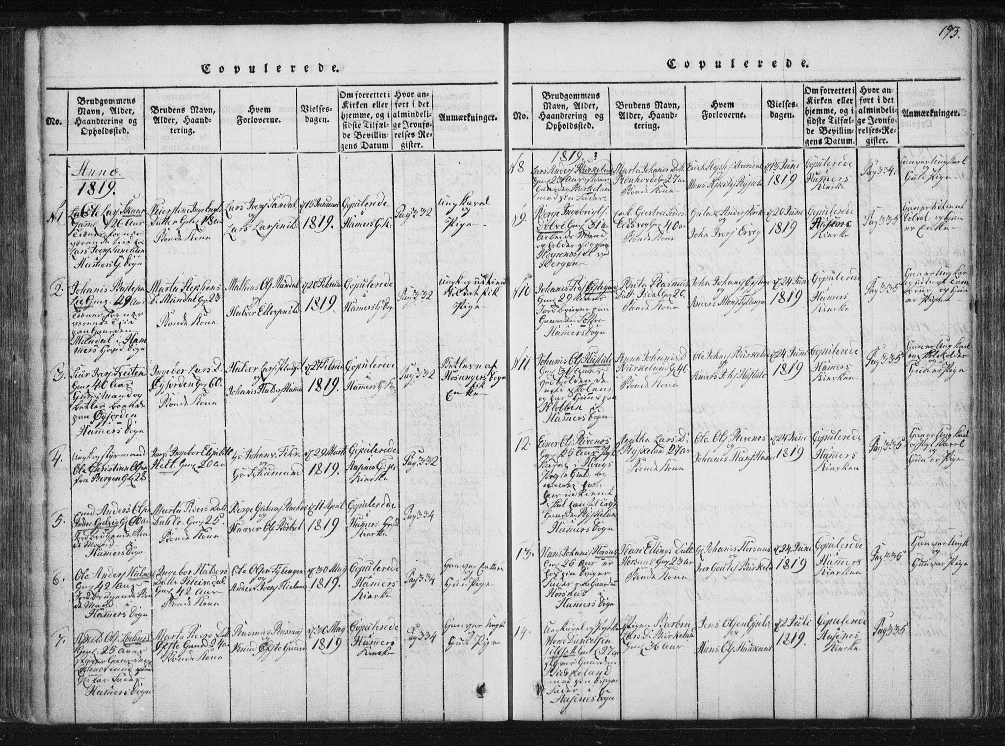 Hamre sokneprestembete, SAB/A-75501/H/Ha/Haa/Haaa/L0010: Parish register (official) no. A 10, 1816-1826, p. 193