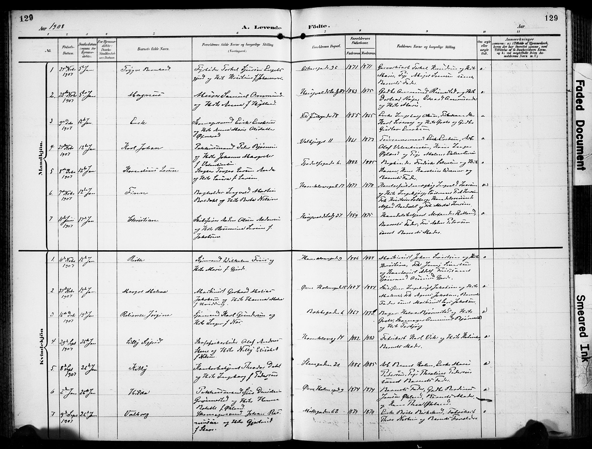 Domkirken sokneprestkontor, SAST/A-101812/001/30/30BB/L0018: Parish register (copy) no. B 18, 1903-1915, p. 129