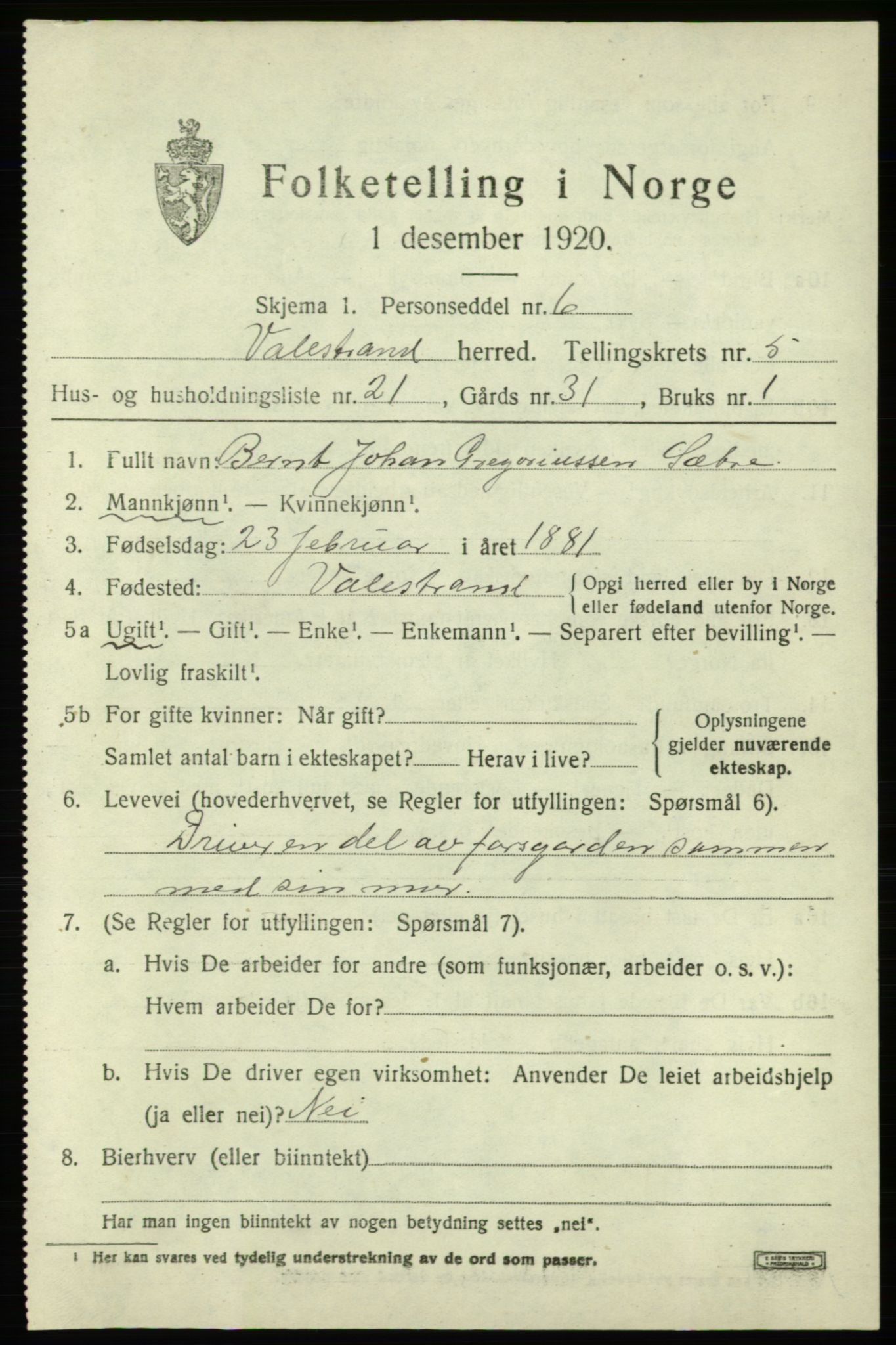 SAB, 1920 census for Valestrand, 1920, p. 2249