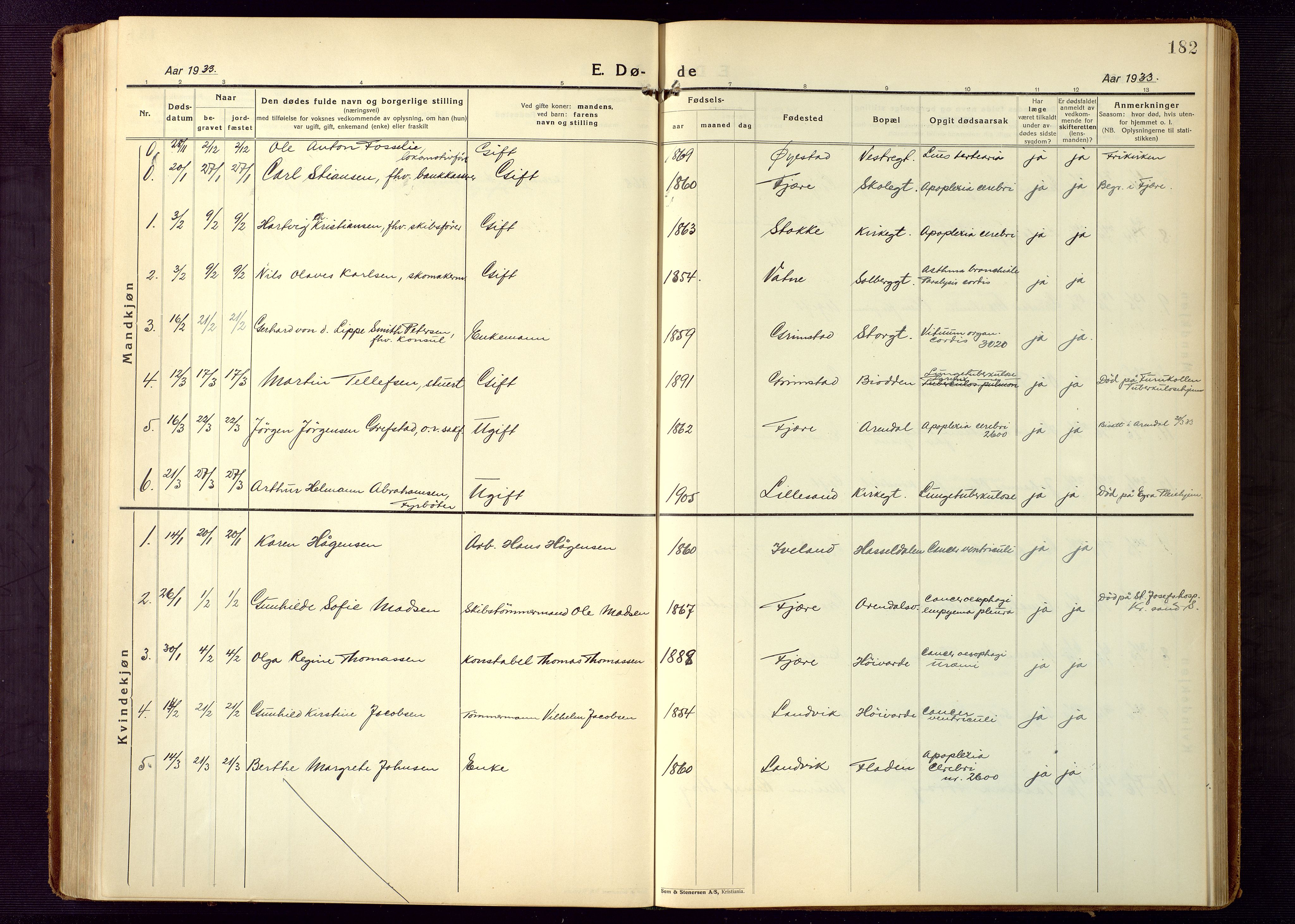 Grimstad sokneprestkontor, SAK/1111-0017/F/Fb/L0002: Parish register (copy) no. B 2, 1923-1949, p. 182