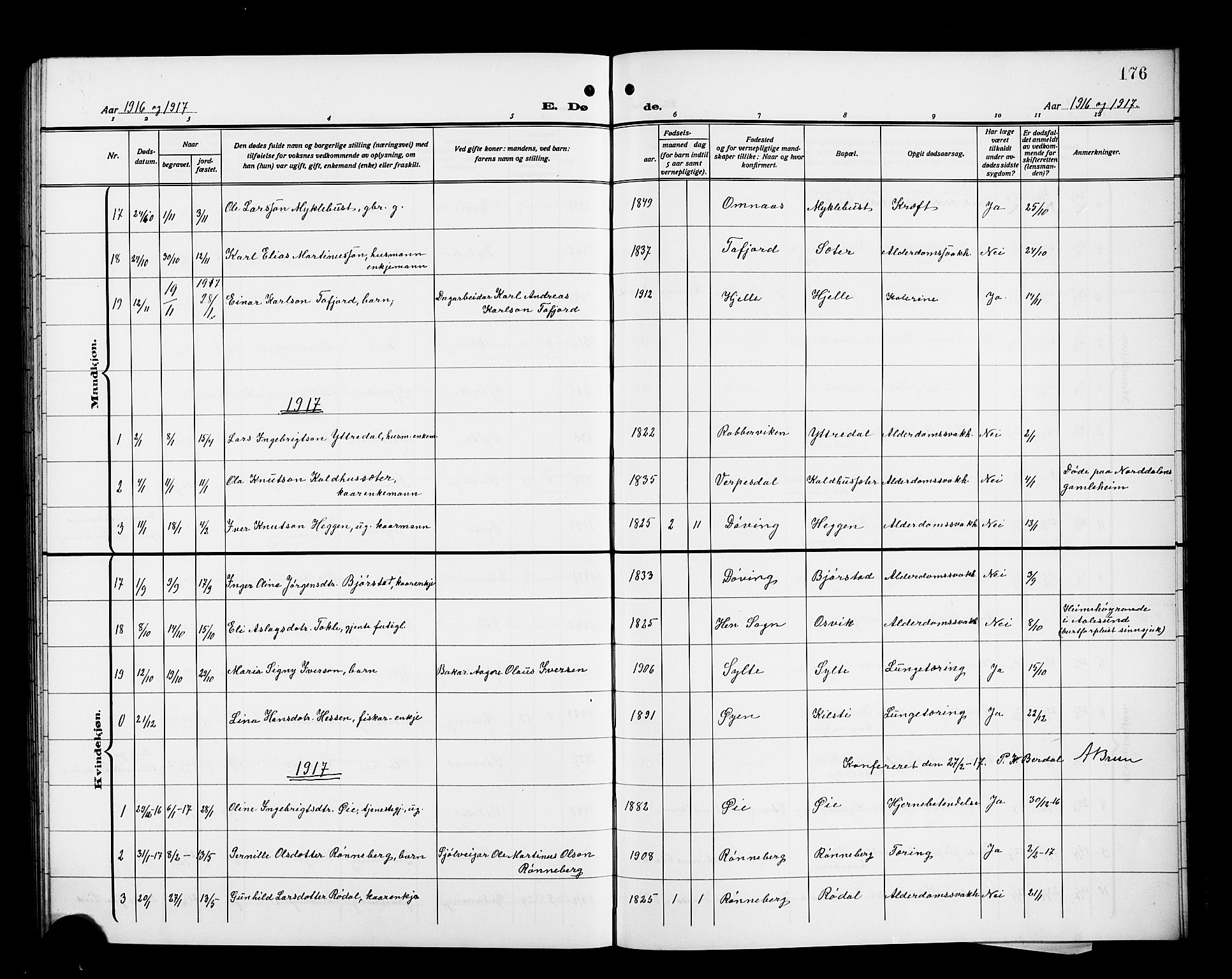 Ministerialprotokoller, klokkerbøker og fødselsregistre - Møre og Romsdal, SAT/A-1454/519/L0265: Parish register (copy) no. 519C06, 1911-1921, p. 176