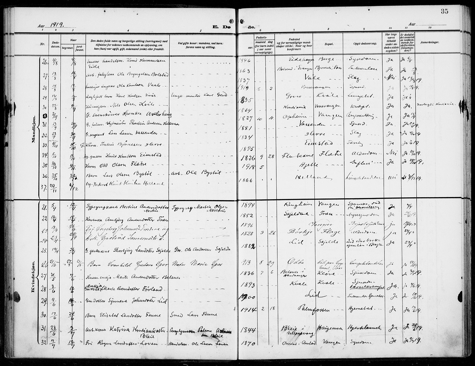 Voss sokneprestembete, AV/SAB-A-79001/H/Haa: Parish register (official) no. D  2, 1910-1932, p. 35