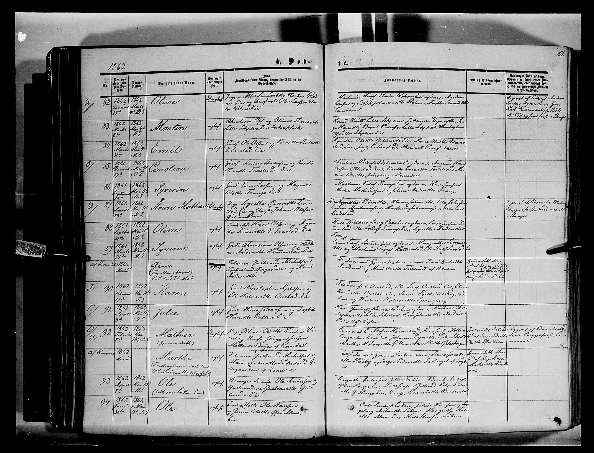 Stange prestekontor, SAH/PREST-002/K/L0012: Parish register (official) no. 12, 1852-1862, p. 151