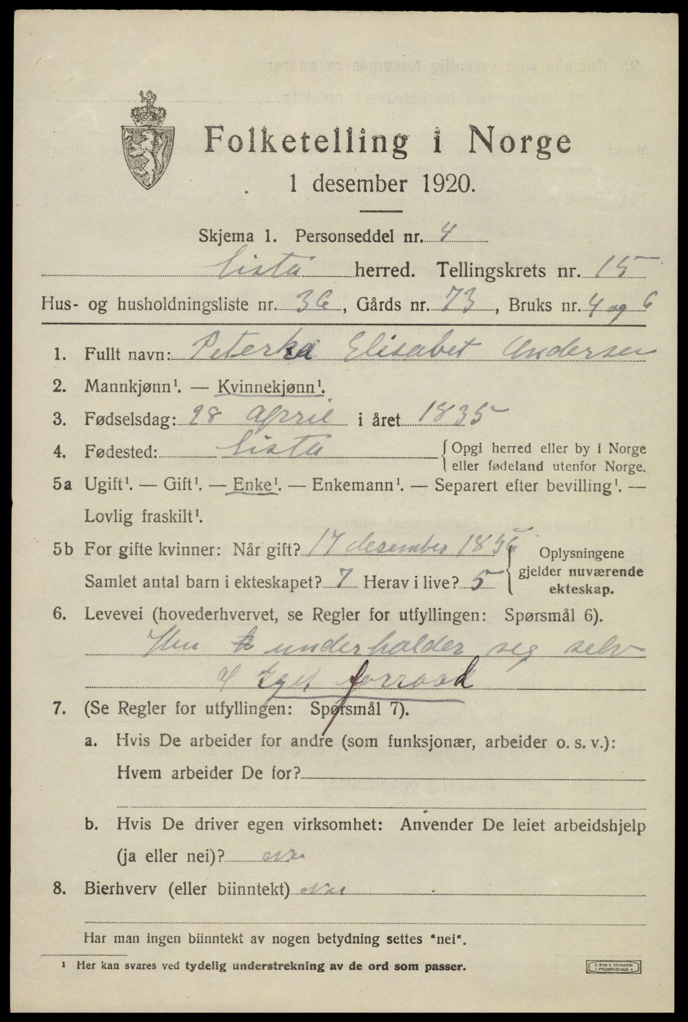 SAK, 1920 census for Lista, 1920, p. 12901
