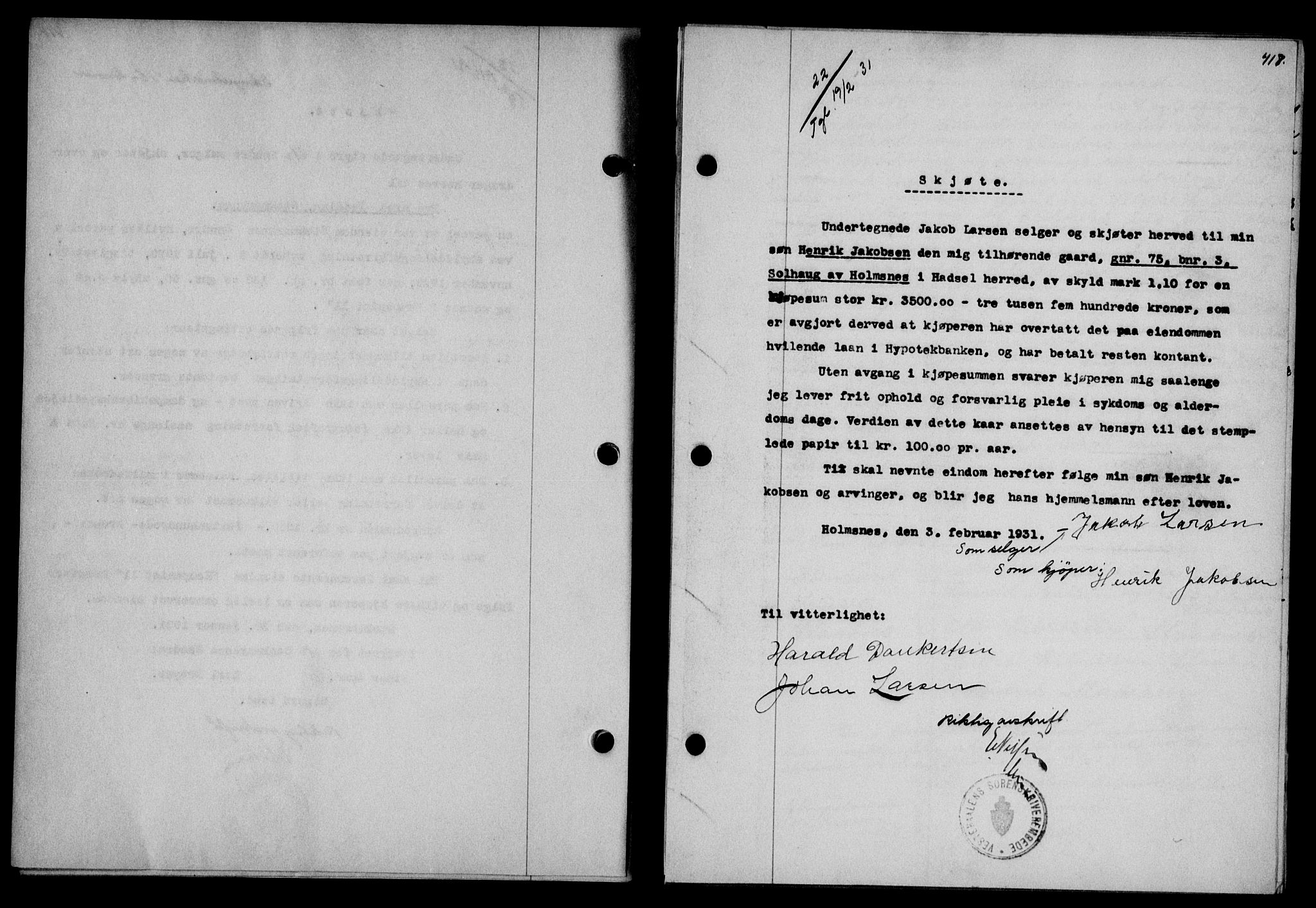 Vesterålen sorenskriveri, SAT/A-4180/1/2/2Ca/L0052: Mortgage book no. 45, 1930-1931, Deed date: 19.02.1931