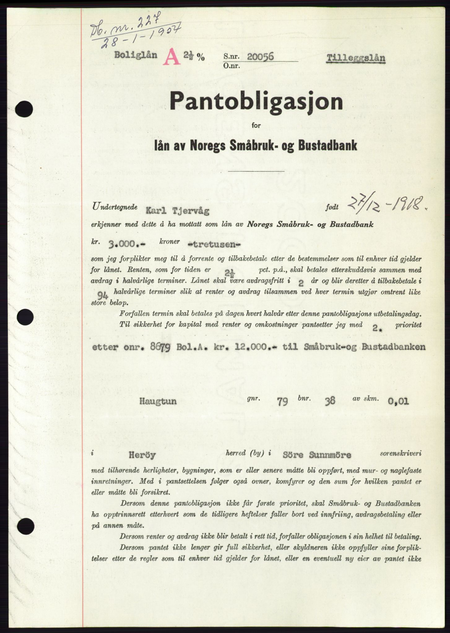 Søre Sunnmøre sorenskriveri, AV/SAT-A-4122/1/2/2C/L0124: Mortgage book no. 12B, 1953-1954, Diary no: : 227/1954