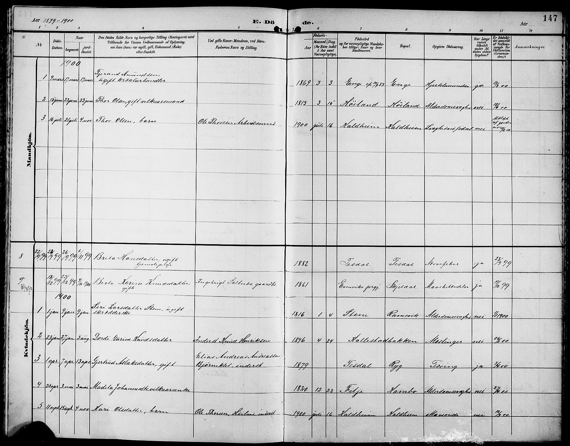 Etne sokneprestembete, SAB/A-75001/H/Hab: Parish register (copy) no. A 6, 1897-1924, p. 147