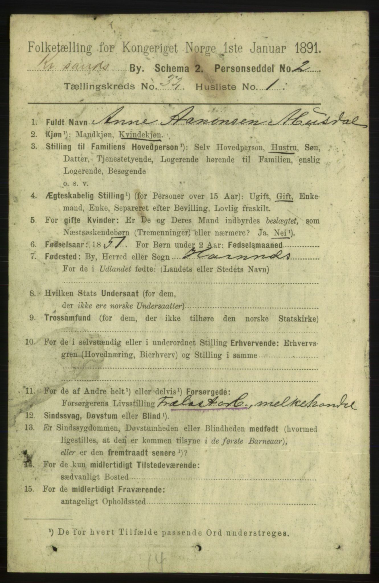 RA, 1891 census for 1001 Kristiansand, 1891, p. 10250