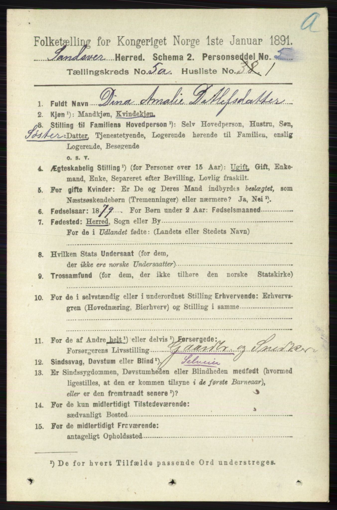 RA, 1891 census for 0629 Sandsvær, 1891, p. 2481