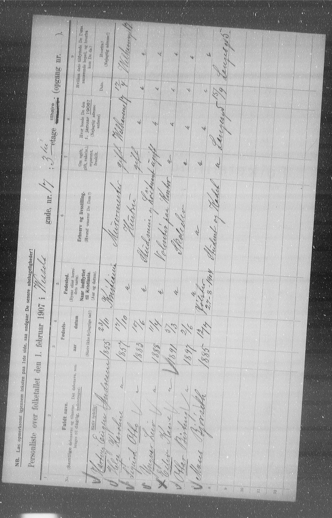 OBA, Municipal Census 1907 for Kristiania, 1907, p. 65168