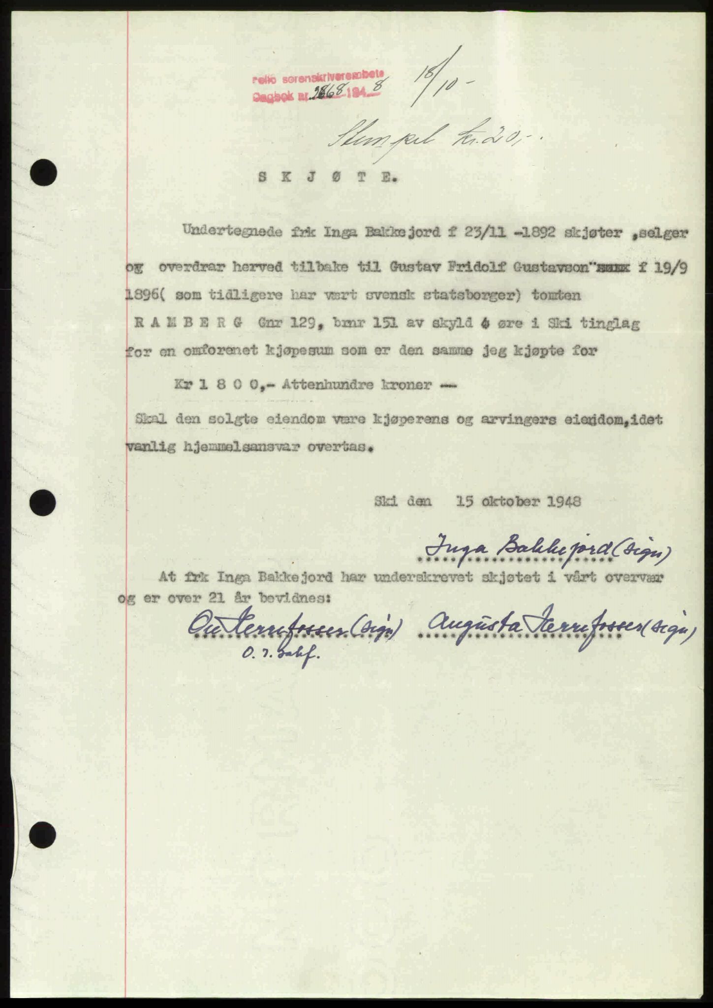 Follo sorenskriveri, AV/SAO-A-10274/G/Ga/Gaa/L0085: Mortgage book no. I 85, 1948-1948, Diary no: : 3868/1948