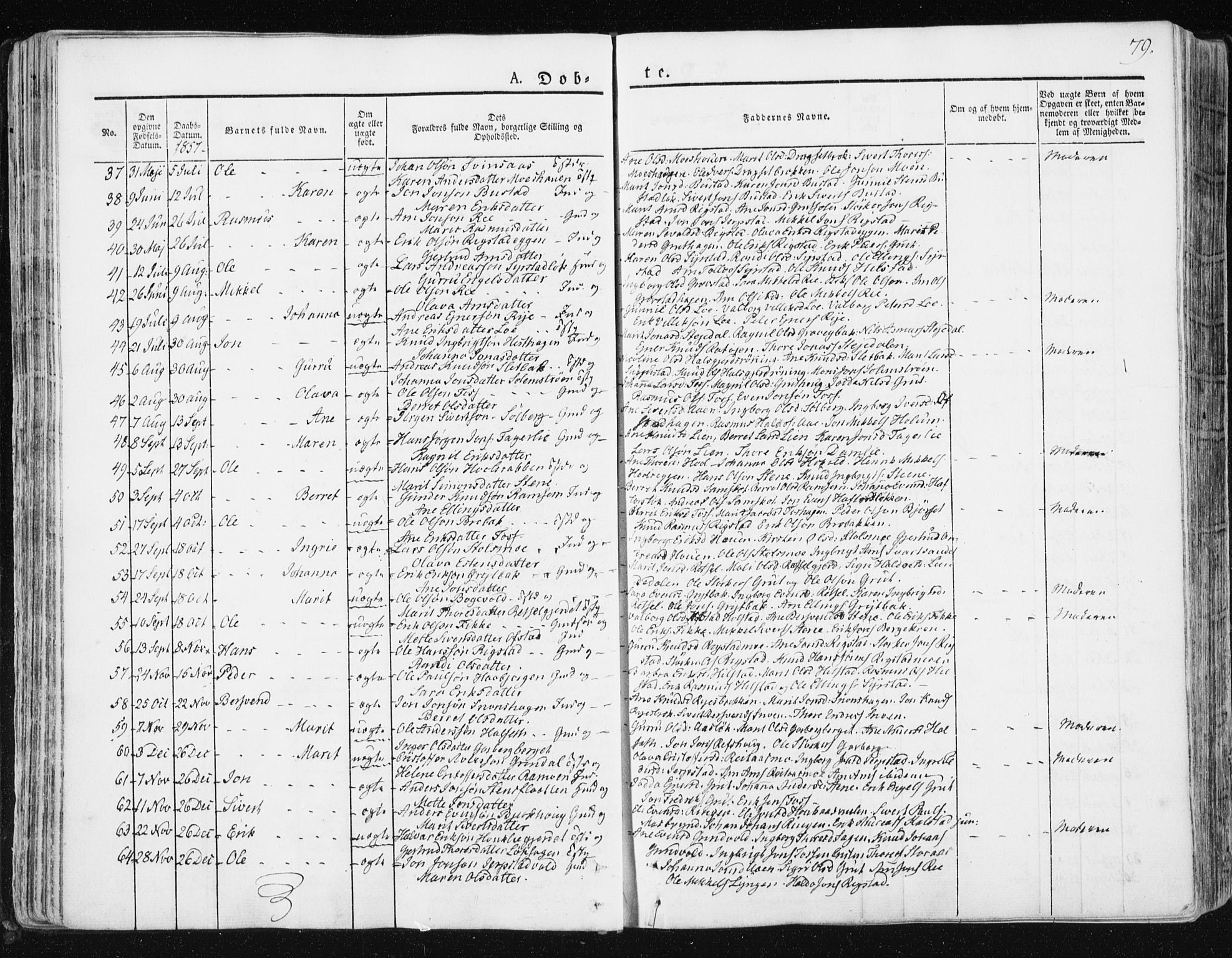 Ministerialprotokoller, klokkerbøker og fødselsregistre - Sør-Trøndelag, SAT/A-1456/672/L0855: Parish register (official) no. 672A07, 1829-1860, p. 79