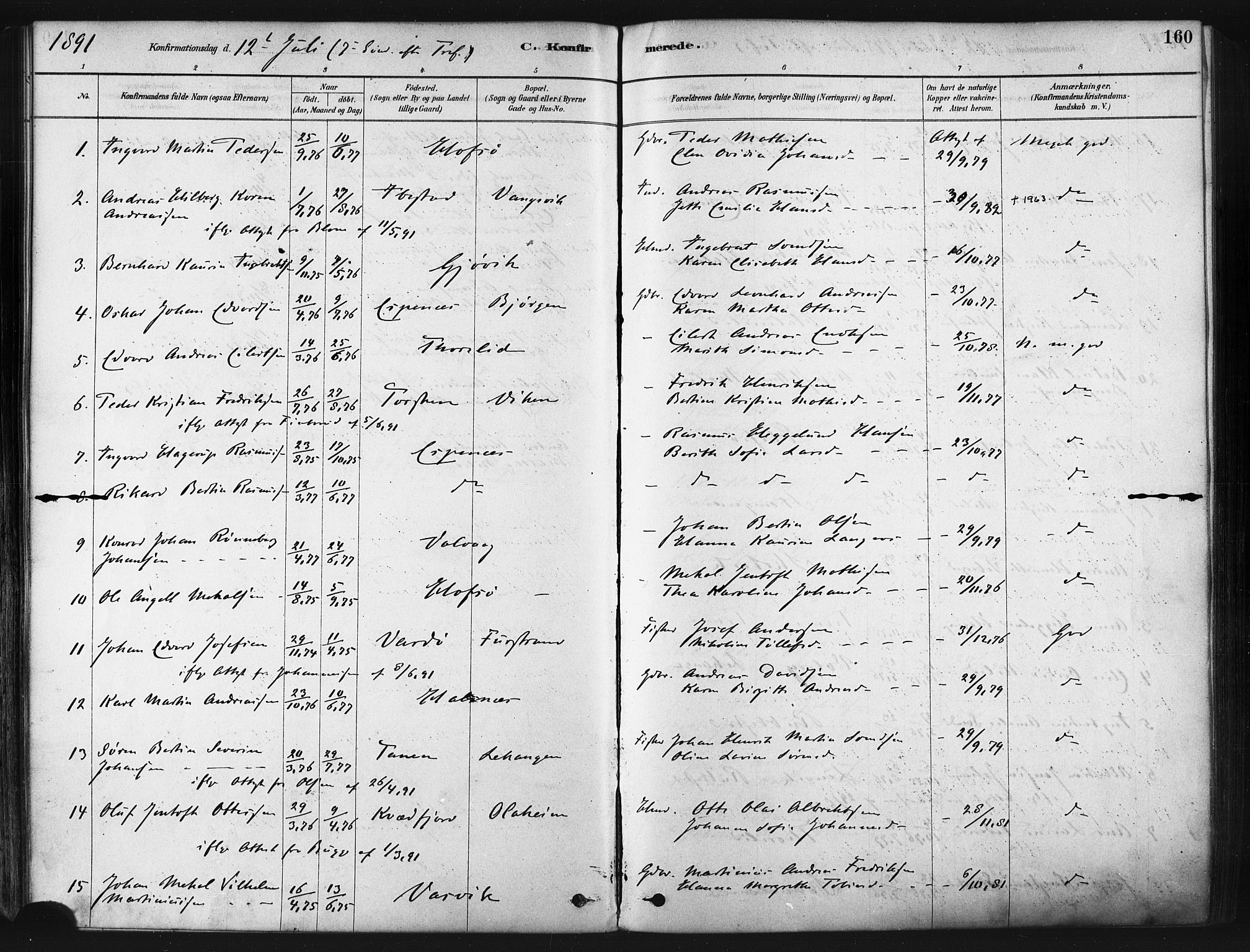 Tranøy sokneprestkontor, SATØ/S-1313/I/Ia/Iaa/L0009kirke: Parish register (official) no. 9, 1878-1904, p. 160