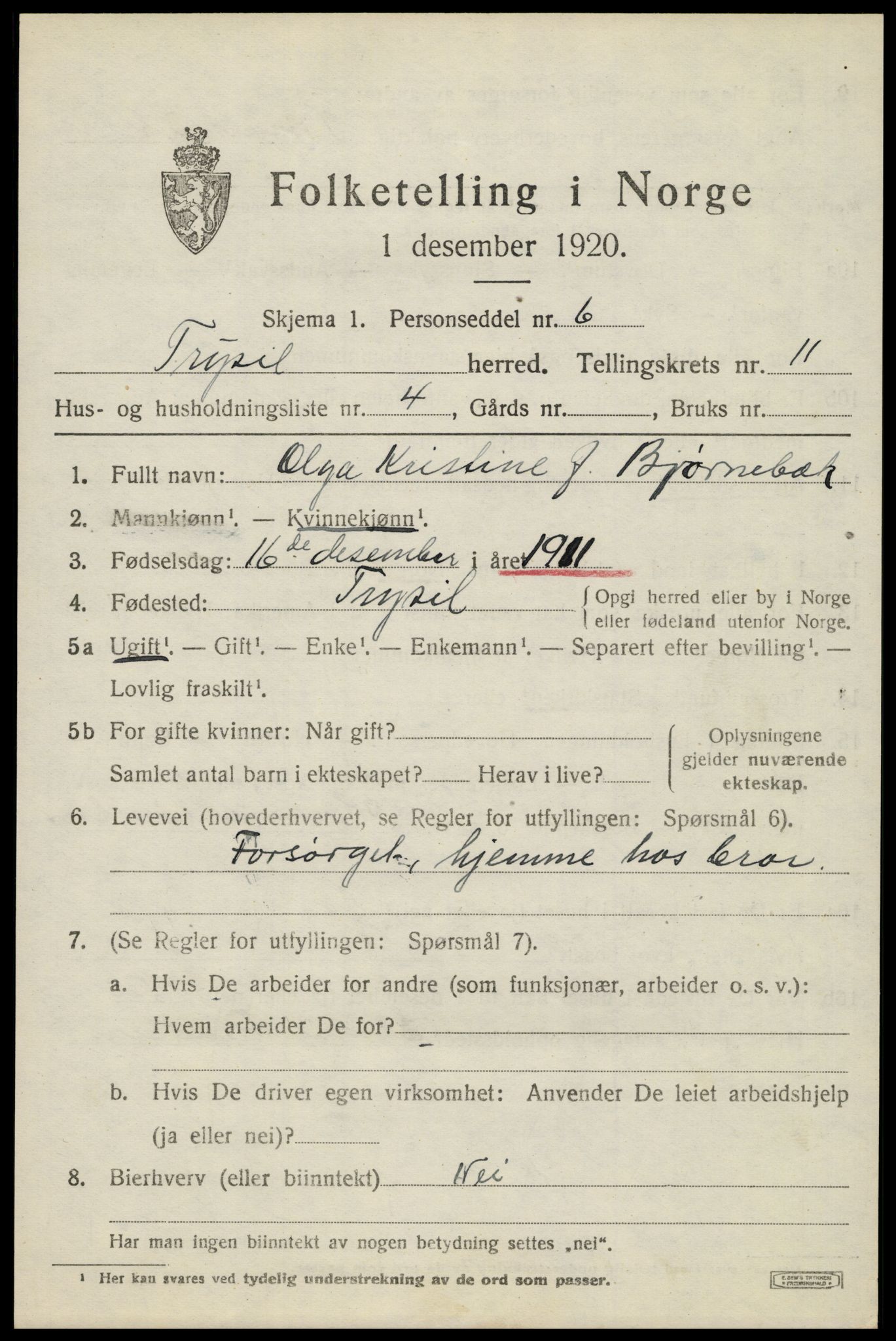 SAH, 1920 census for Trysil, 1920, p. 7005