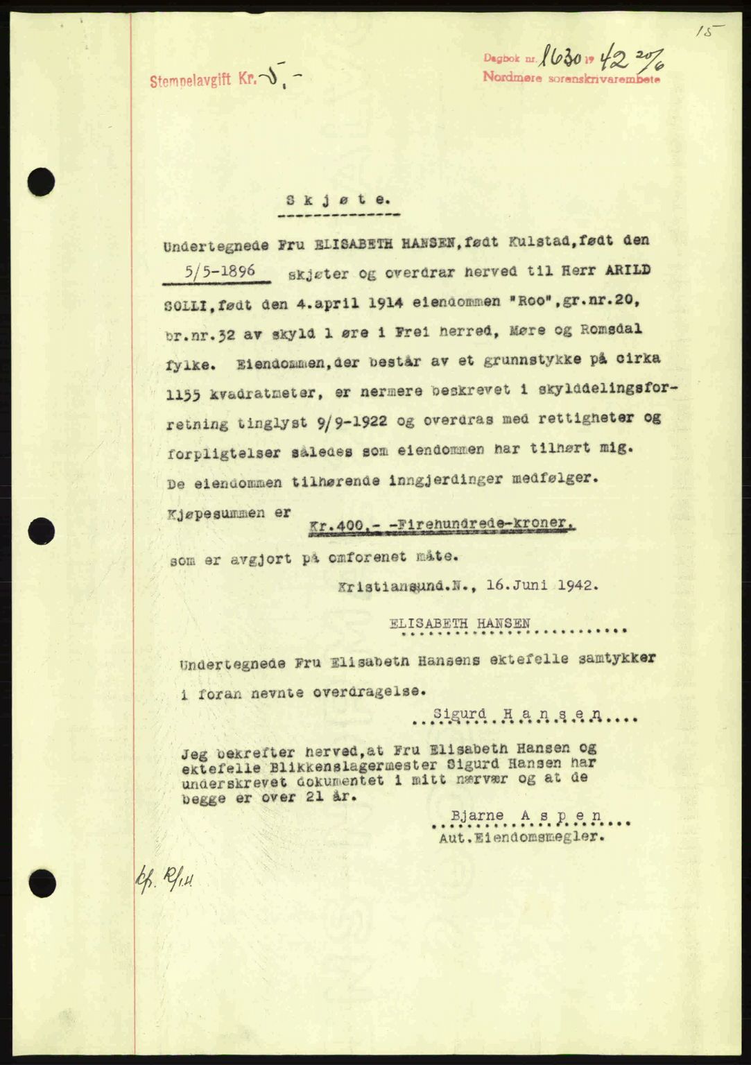 Nordmøre sorenskriveri, AV/SAT-A-4132/1/2/2Ca: Mortgage book no. A93, 1942-1942, Diary no: : 1630/1942