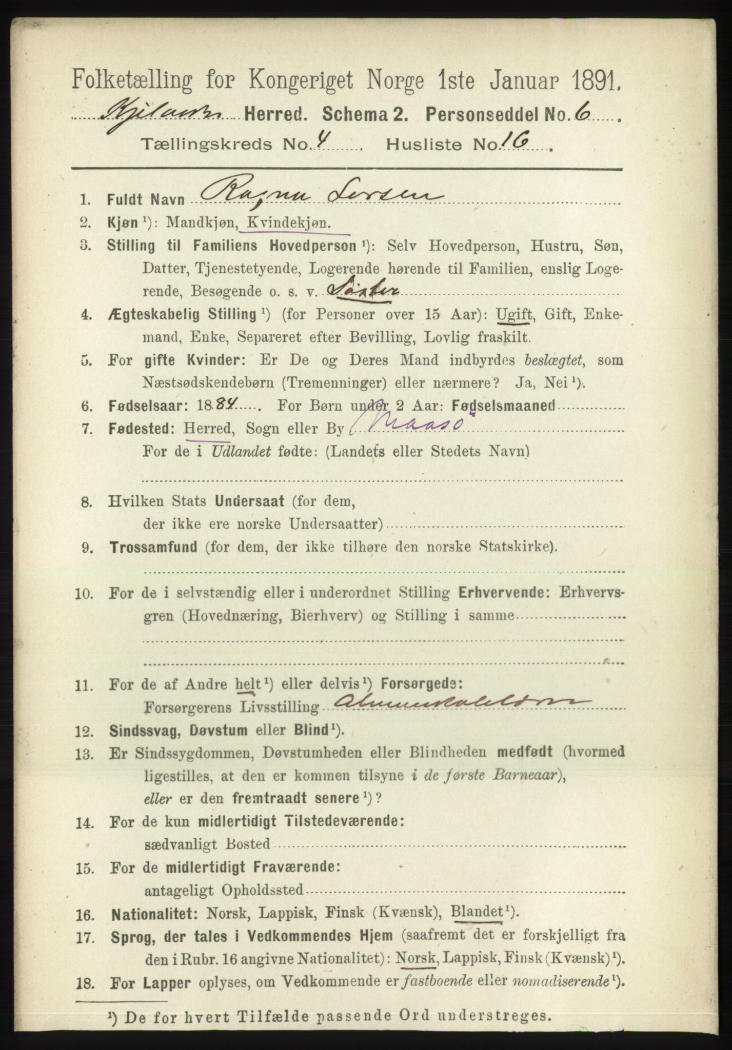 RA, 1891 census for 2019 Kjelvik, 1891, p. 536